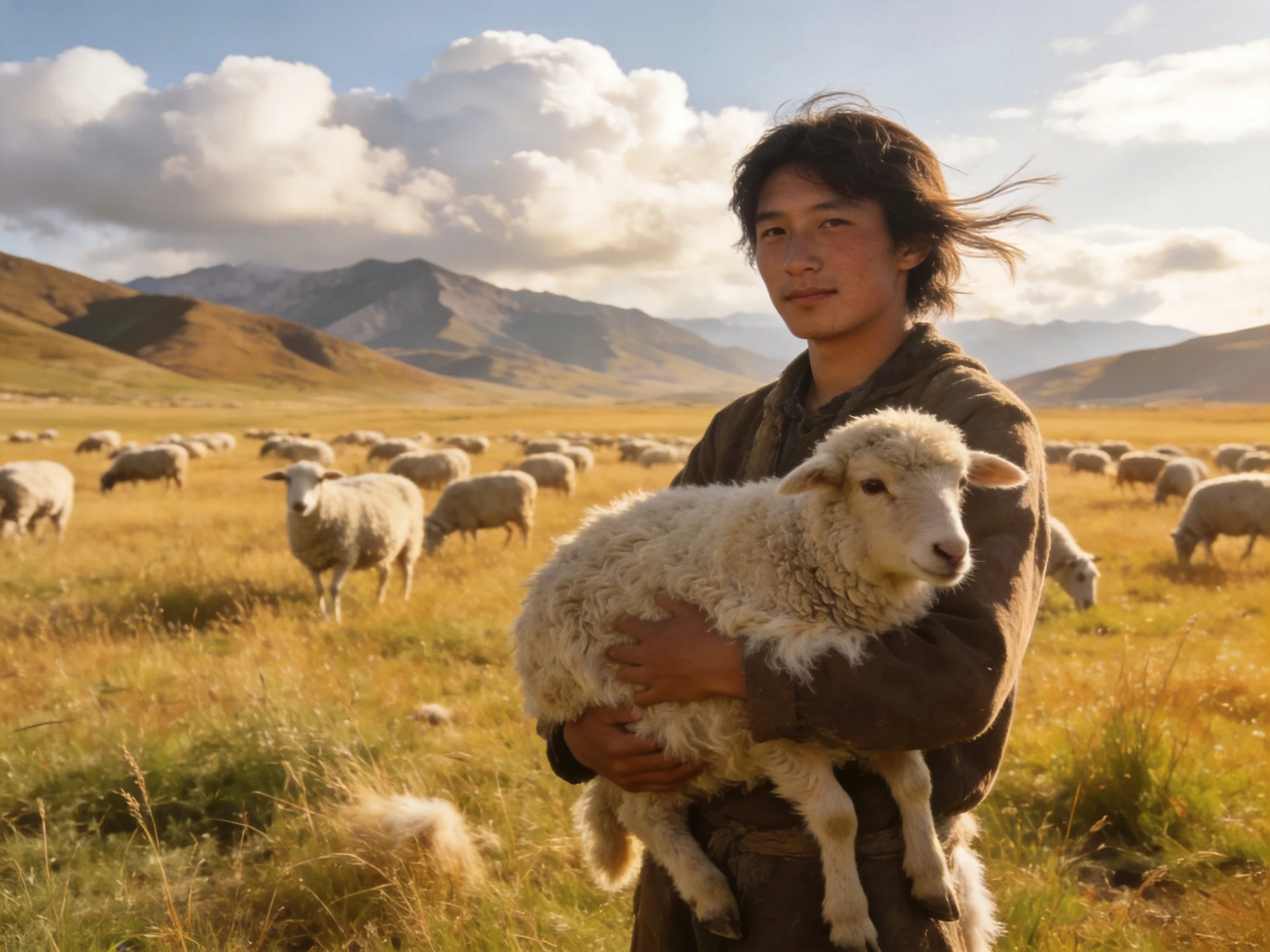 A person holding a lamb in a golden pasture with distant mountains