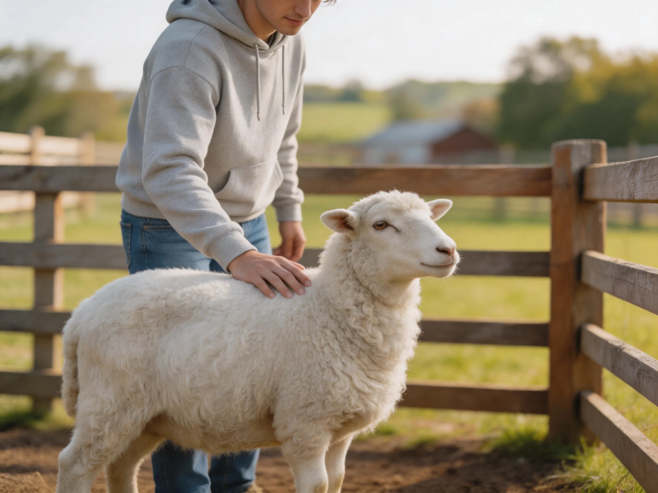 A person in a gray hoodie petting a fluffy white lamb near a wooden fence