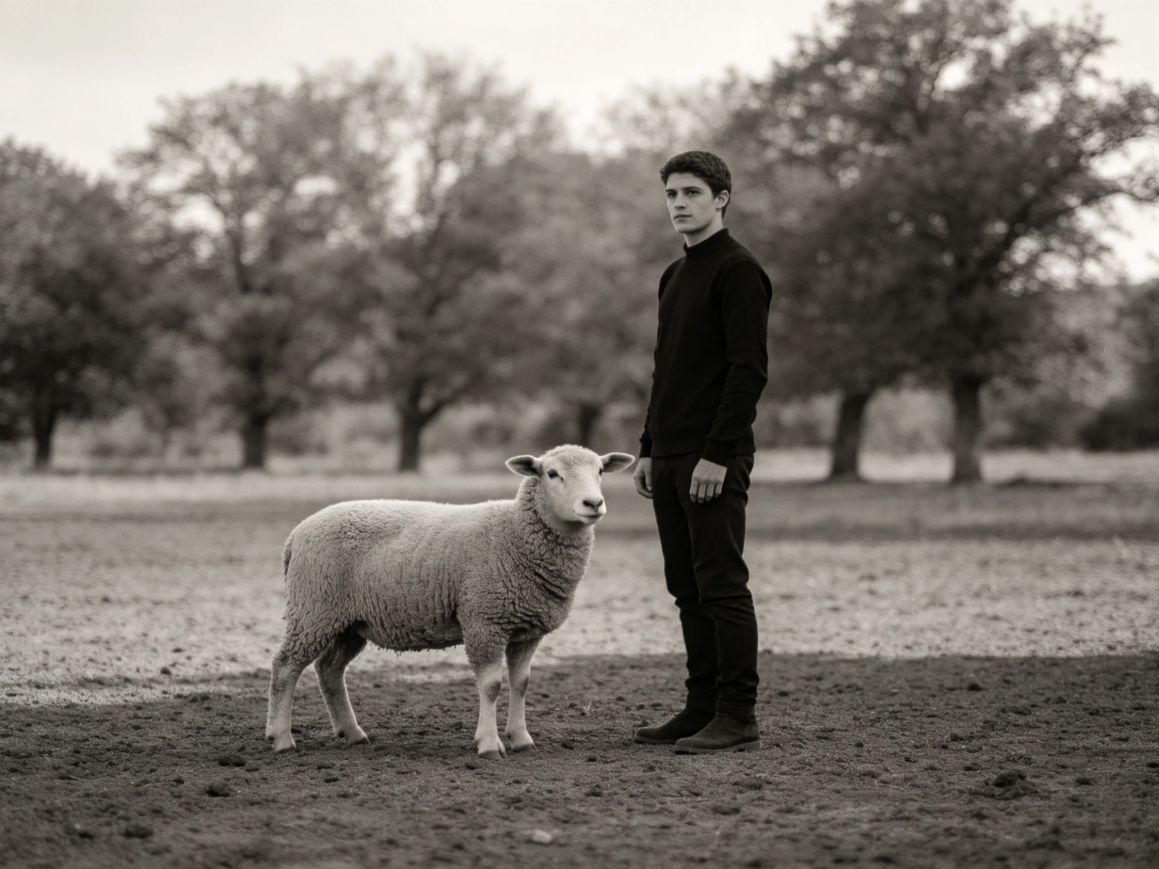 A person in black stands beside a sheep near leafy trees