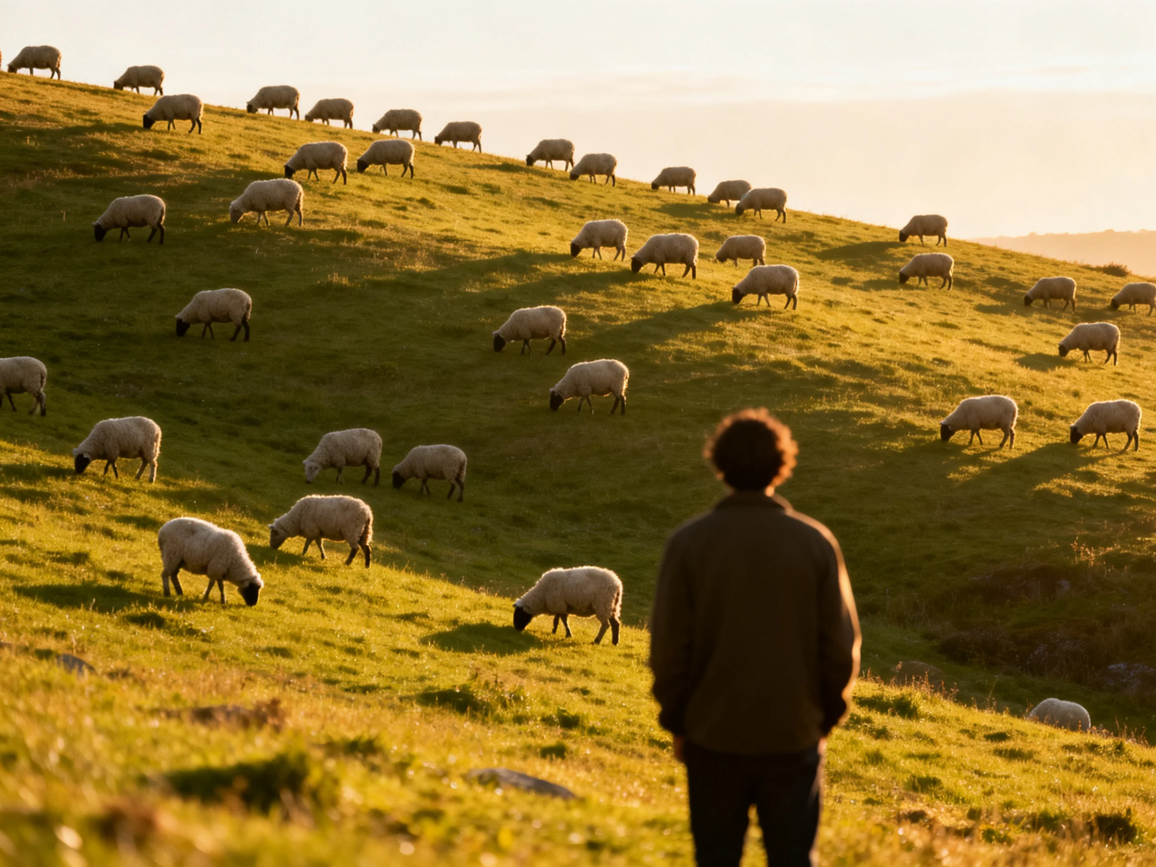 A person observes a flock of sheep grazing on a sunlit hillside