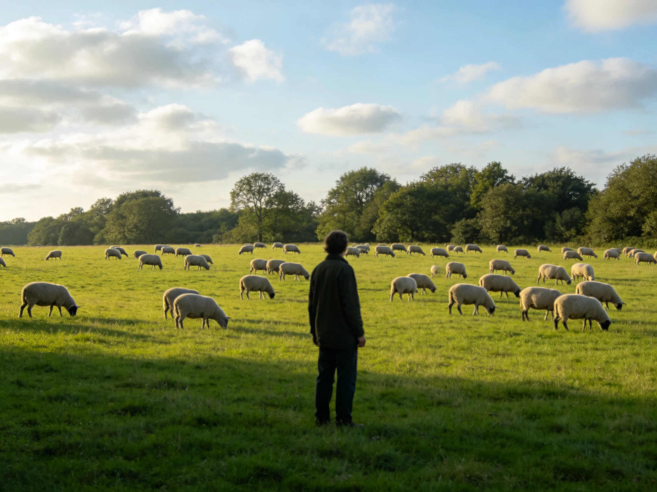 A person stands amid many sheep in a sunlit green pasture