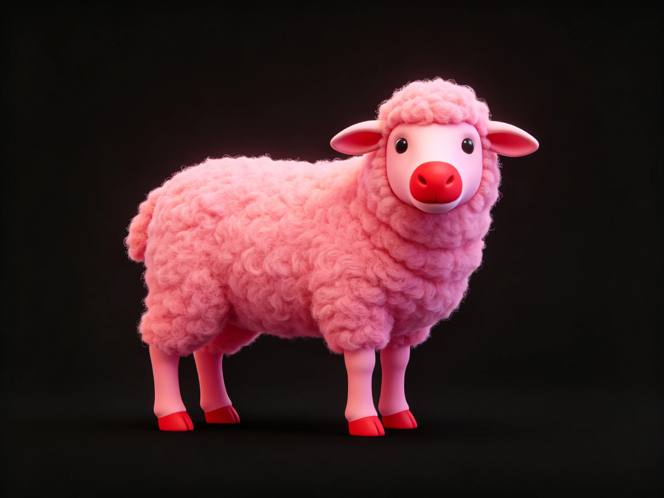 A pink, fluffy sheep with red nose and hooves on black background