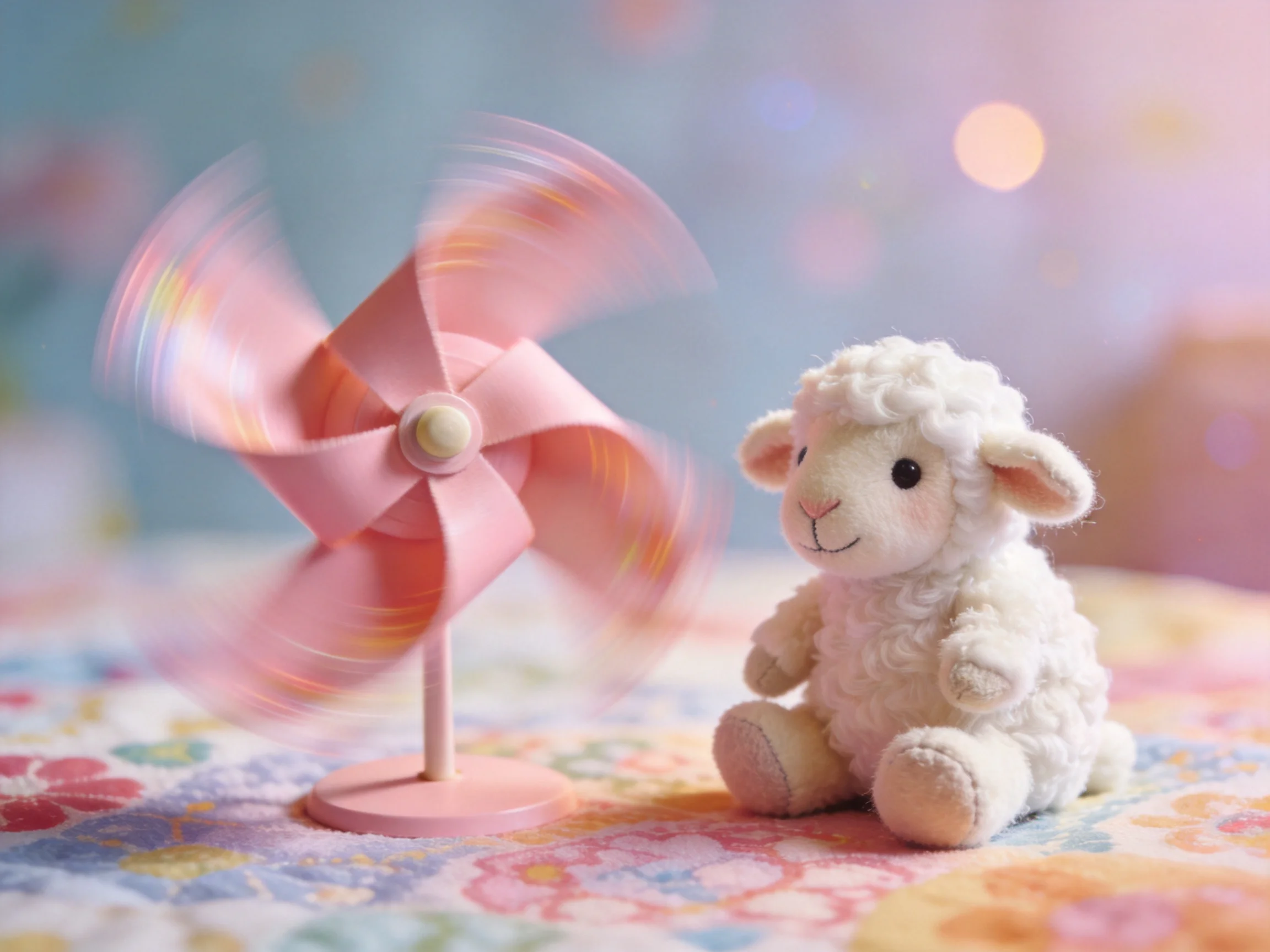 A pink pinwheel spins near a white stuffed lamb on a floral cloth
