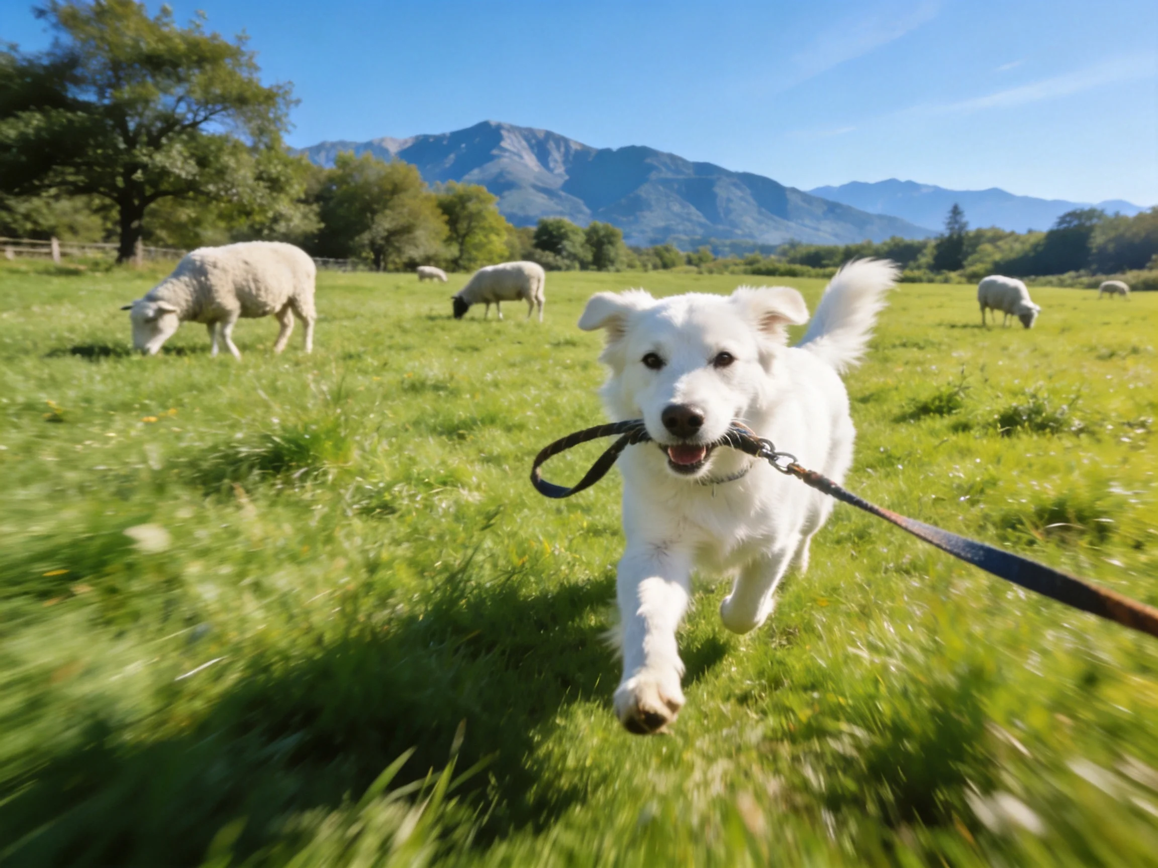 A playful white dog runs with a leash near grazing sheep in a mountainous meadow