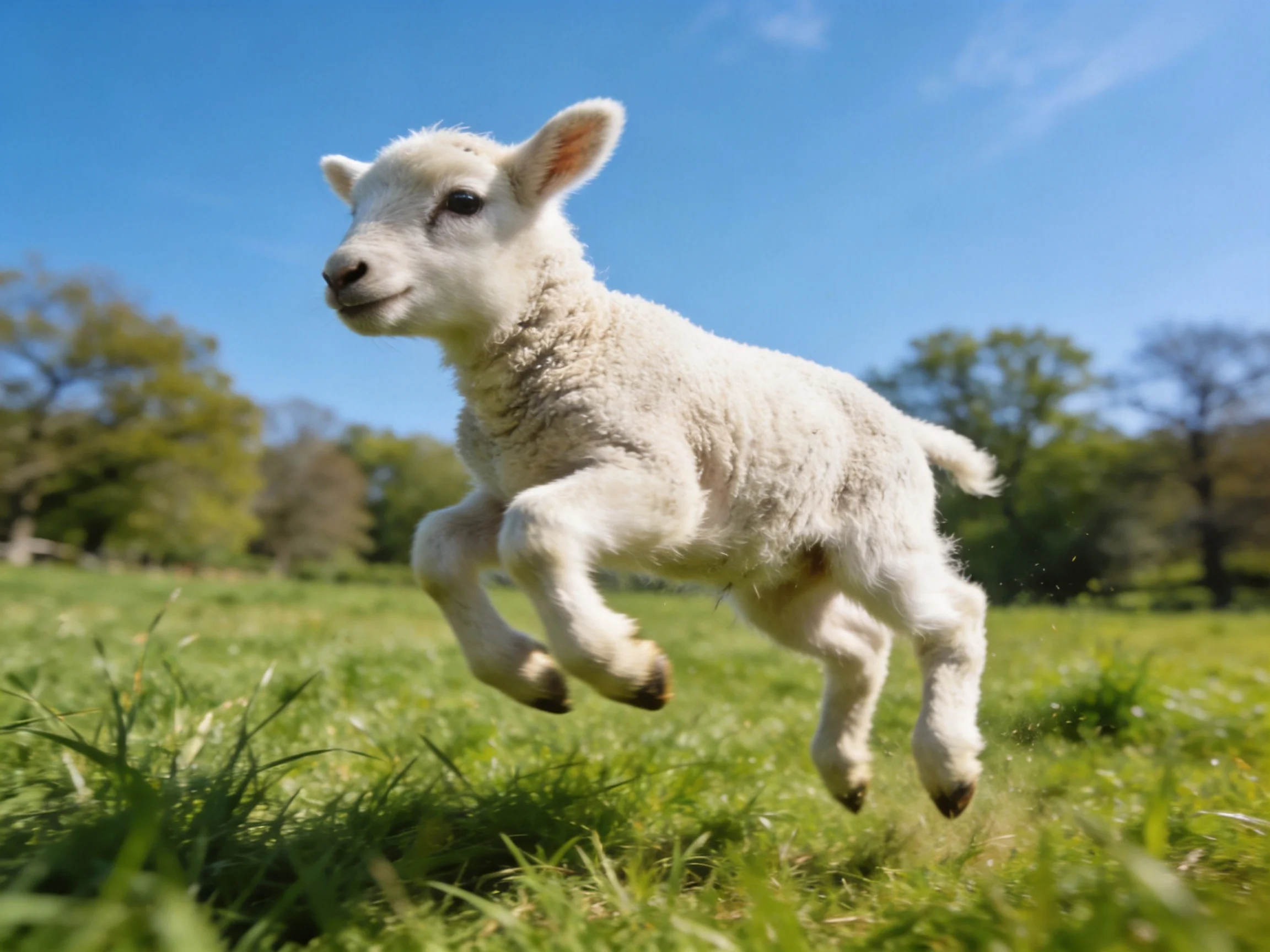A playful white lamb leaps through a sunny green meadow