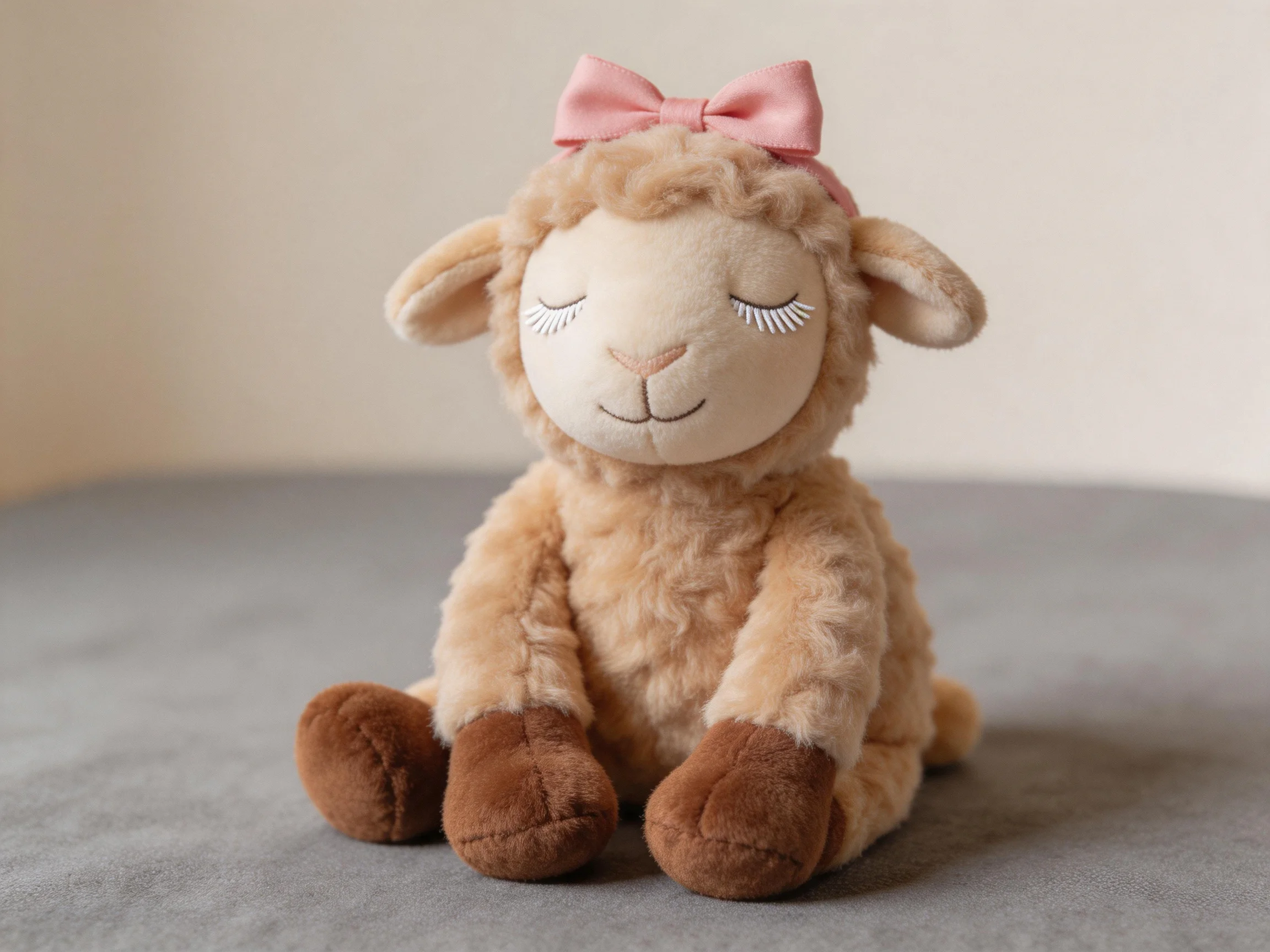 A plush beige lamb doll with pink bow sits on gray fabric