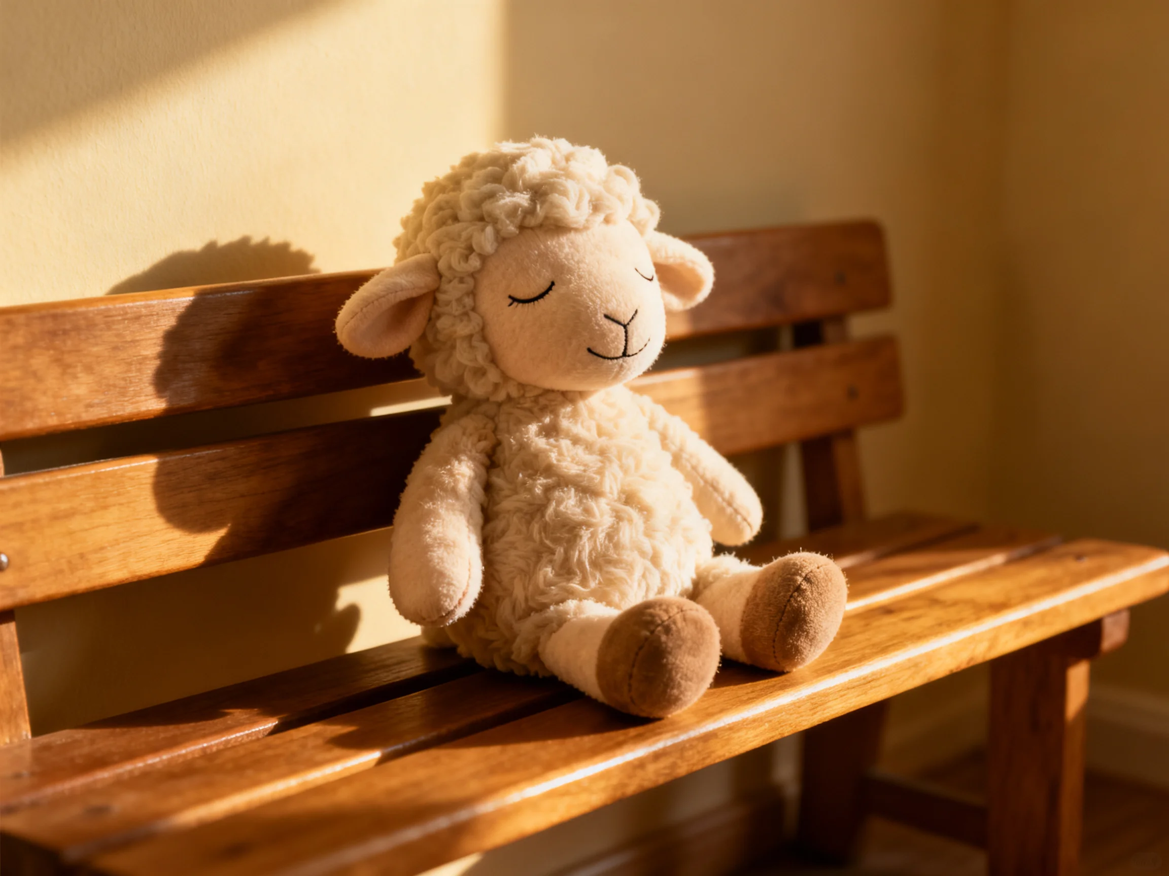 A plush cream-colored lamb sits on a polished wooden bench