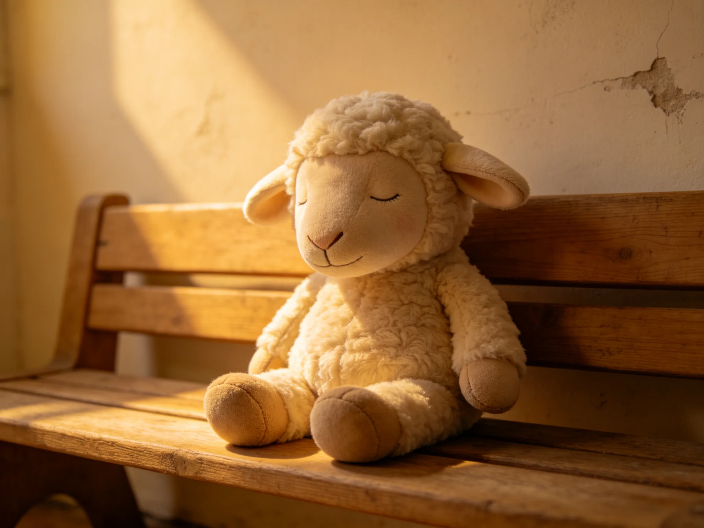 A plush cream - colored lamb sits on a wooden bench in warm sunlight