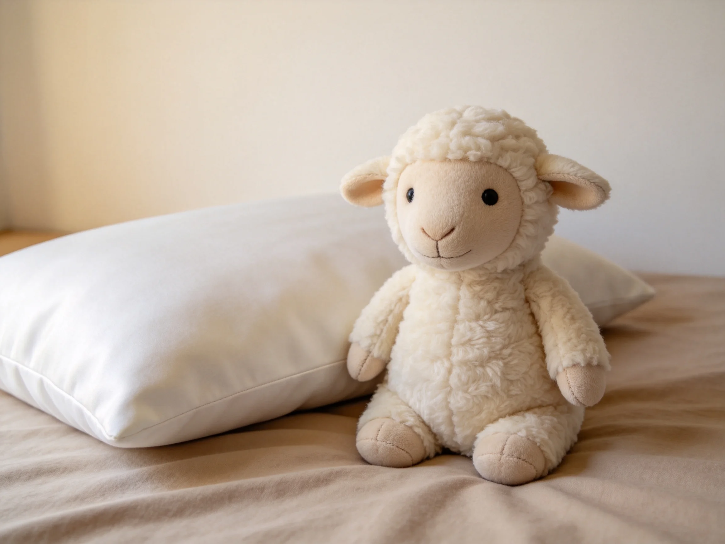 A plush cream - colored lamb toy beside white pillows on a beige bed