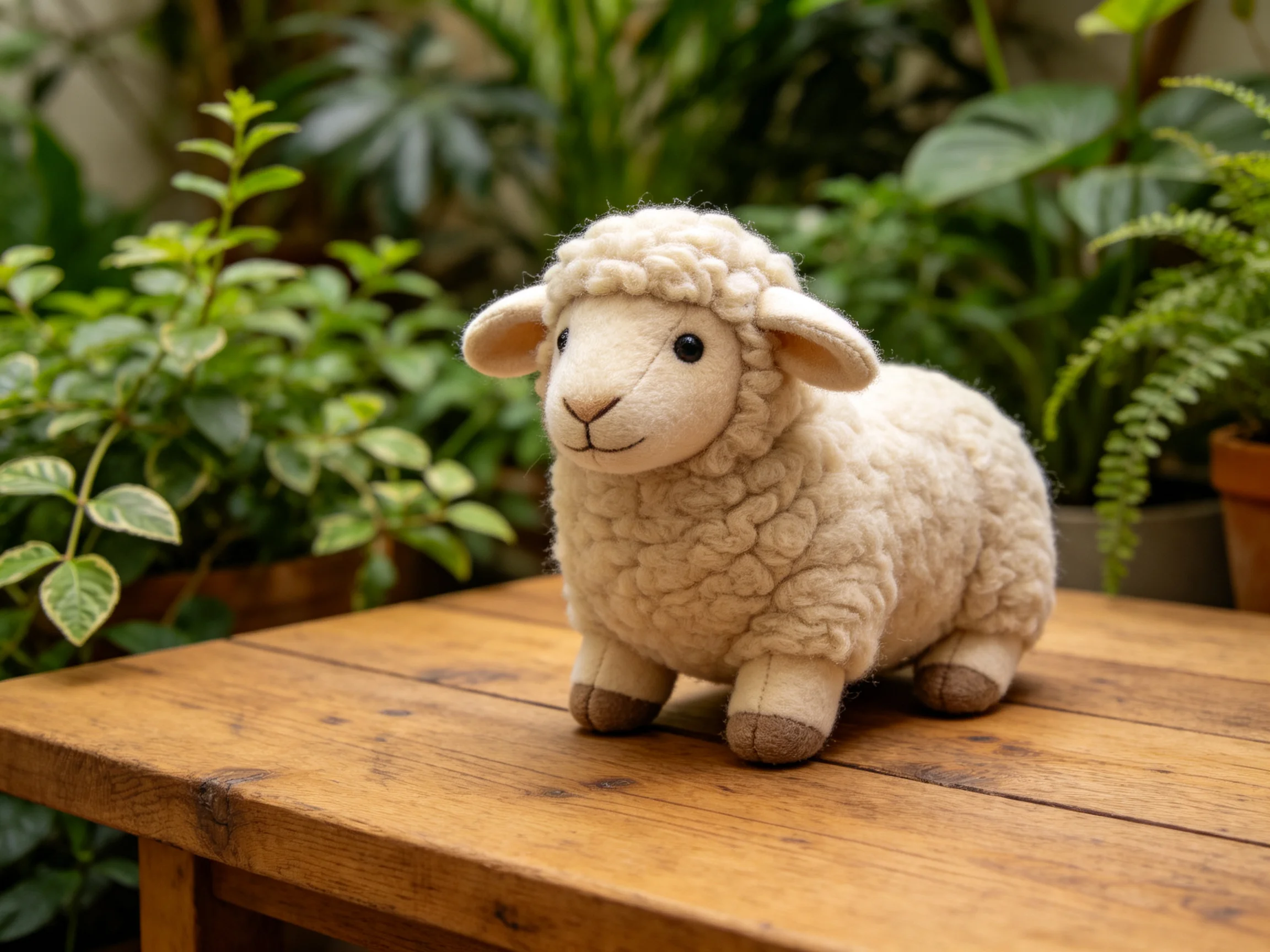 A plush cream-colored sheep figurine sits on a wooden table amid greenery