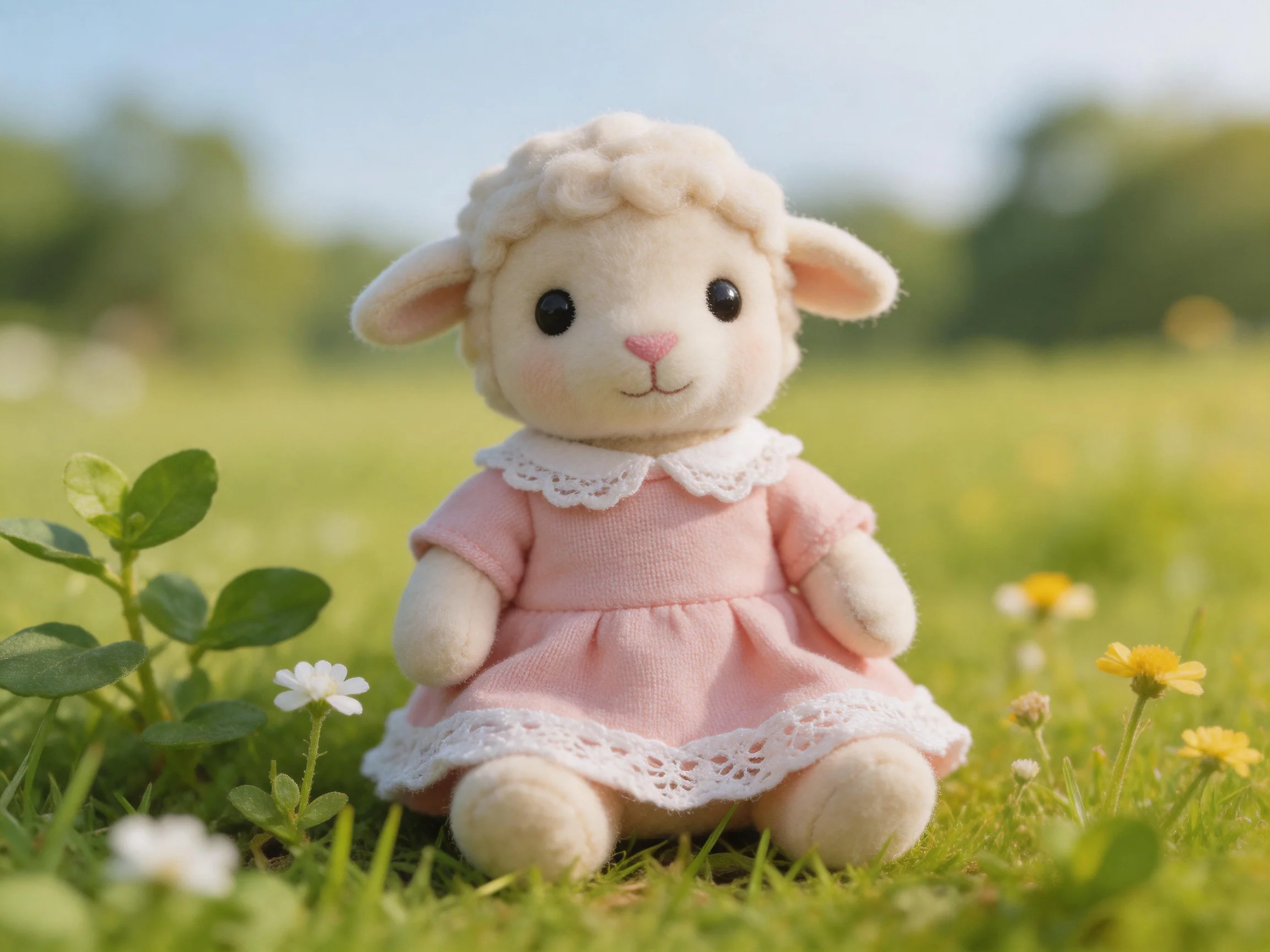 A plush sheep doll in a pink lace dress sits amid grass and flowers