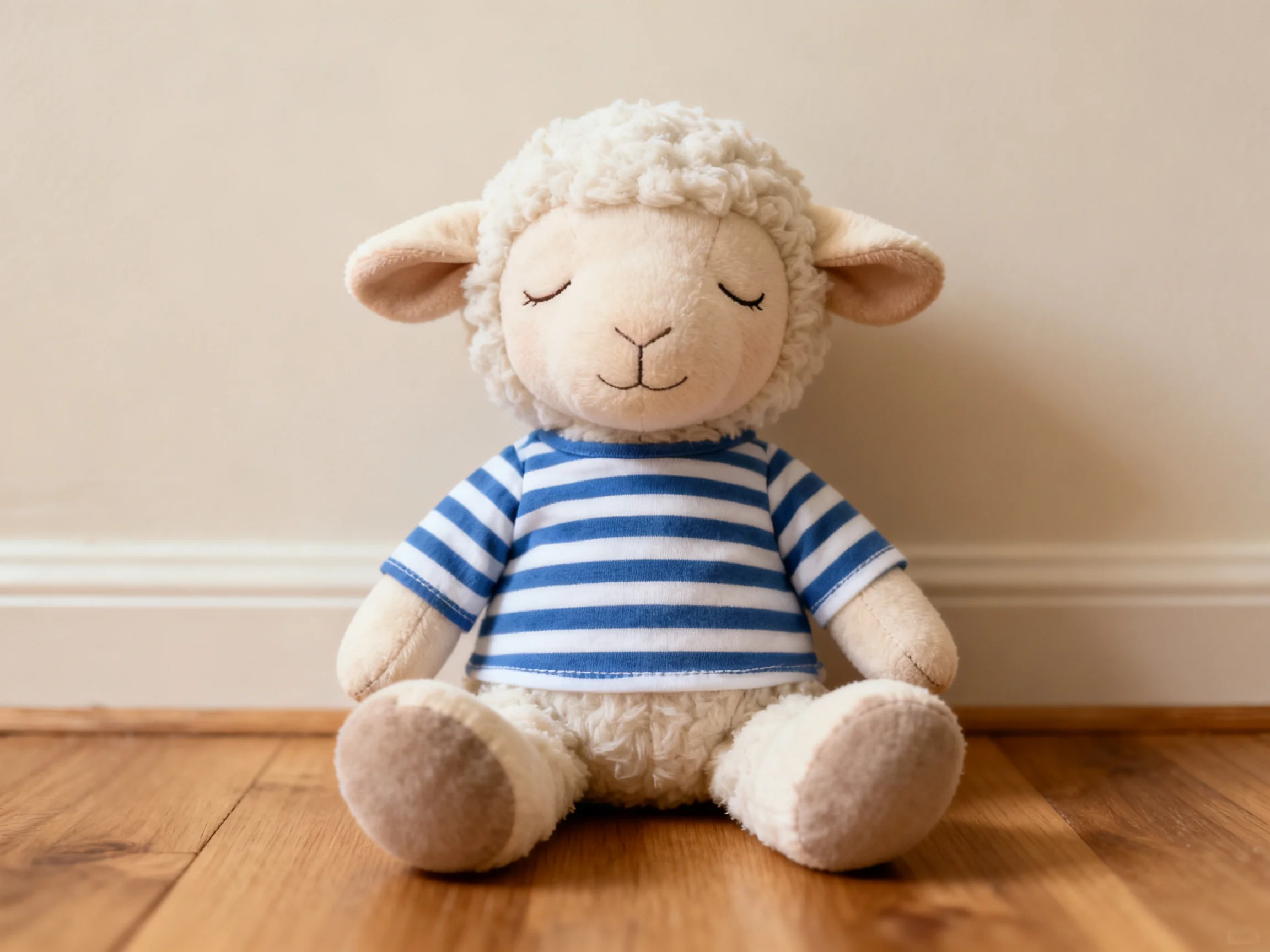 A plush sheep doll in blue and white stripes sits on wooden flooring