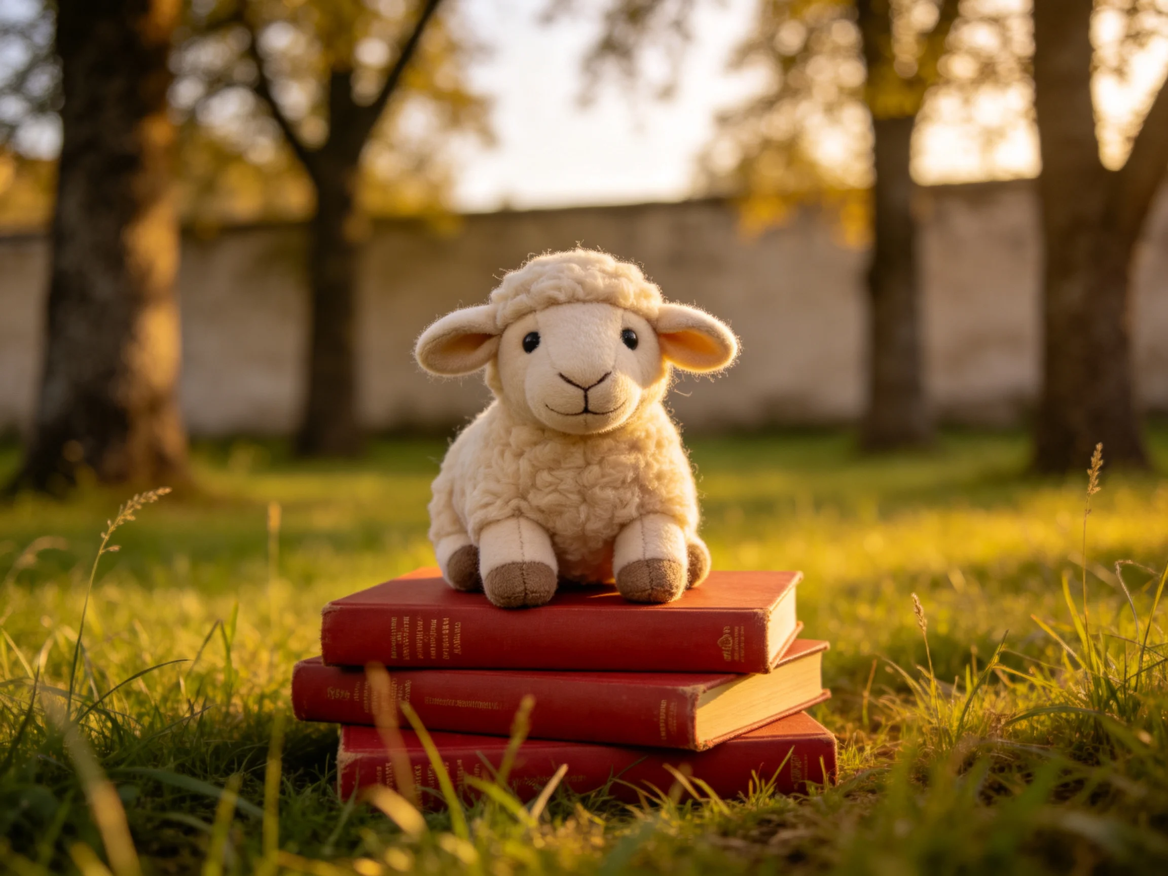 A plush sheep figurine sits on stacked red books in a sunlit park
