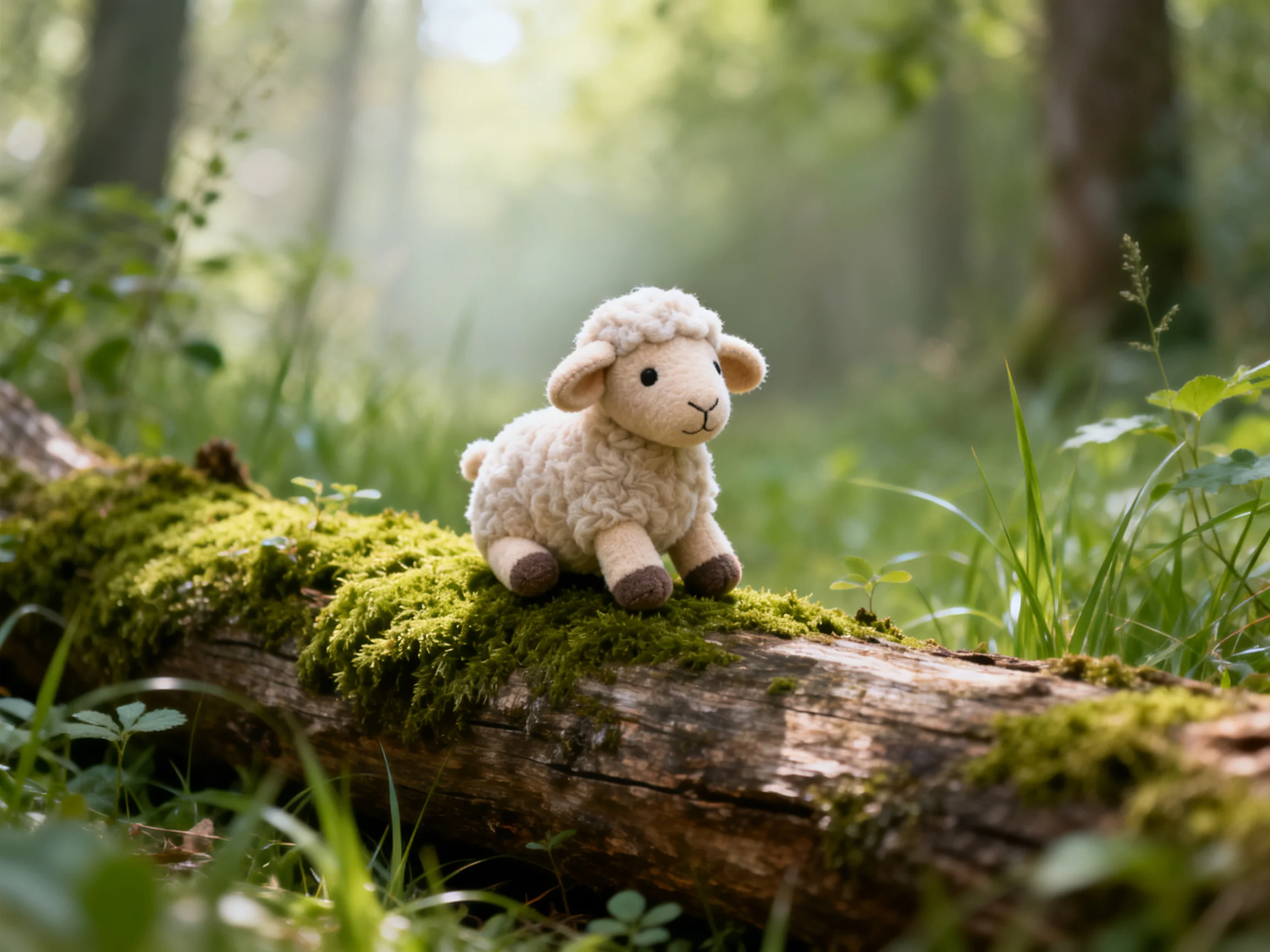 A plush sheep sits atop a moss-covered fallen log in a sunlit forest