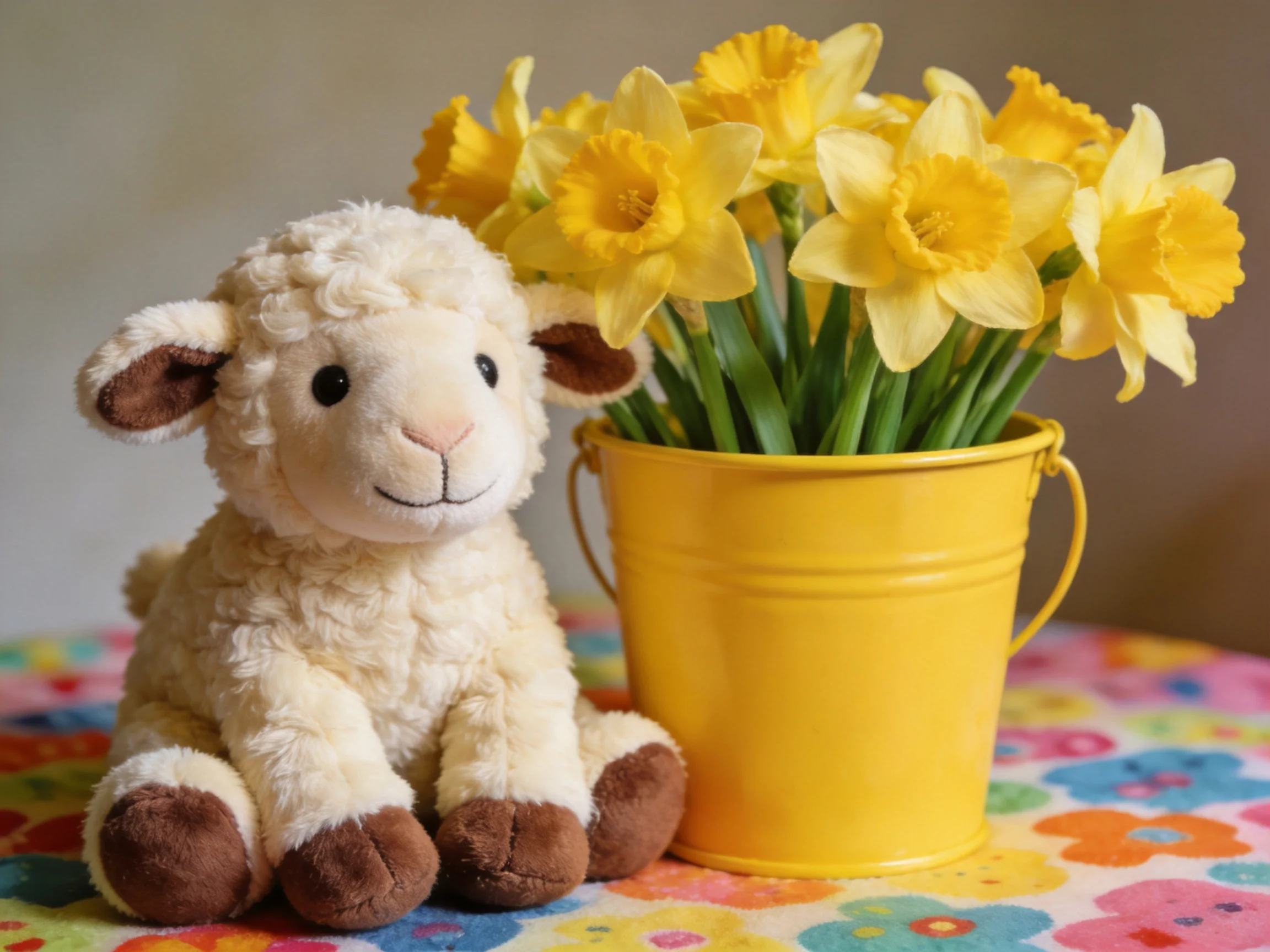 A plush sheep toy beside a yellow bucket of yellow daffodils