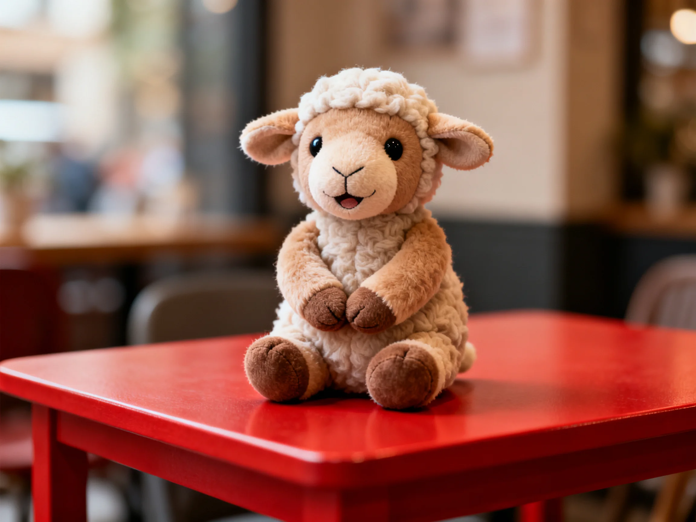 A plush sheep toy sits atop a bright red table indoors