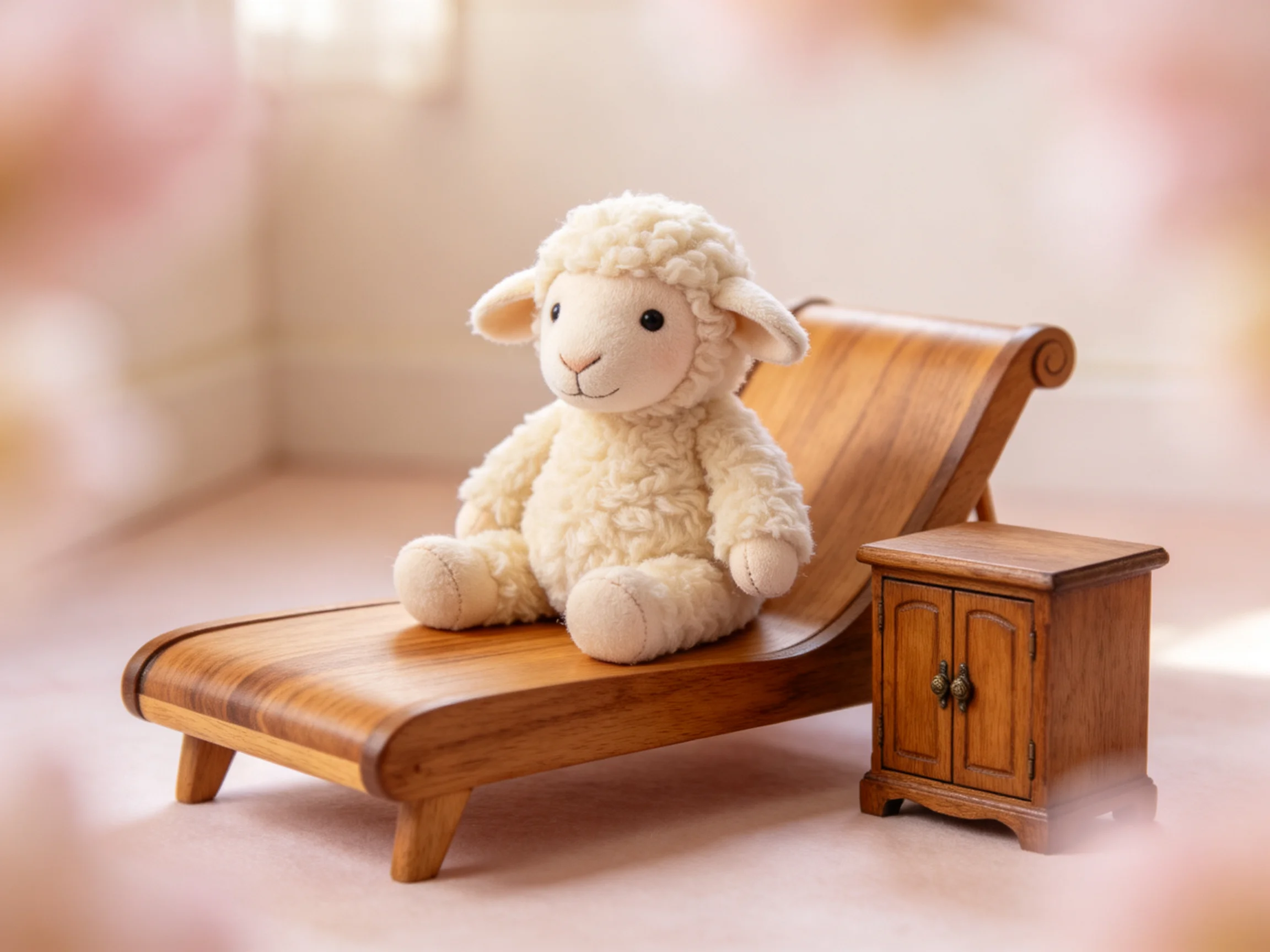 A plush white lamb sits on a wooden chaise beside a small wooden cabinet