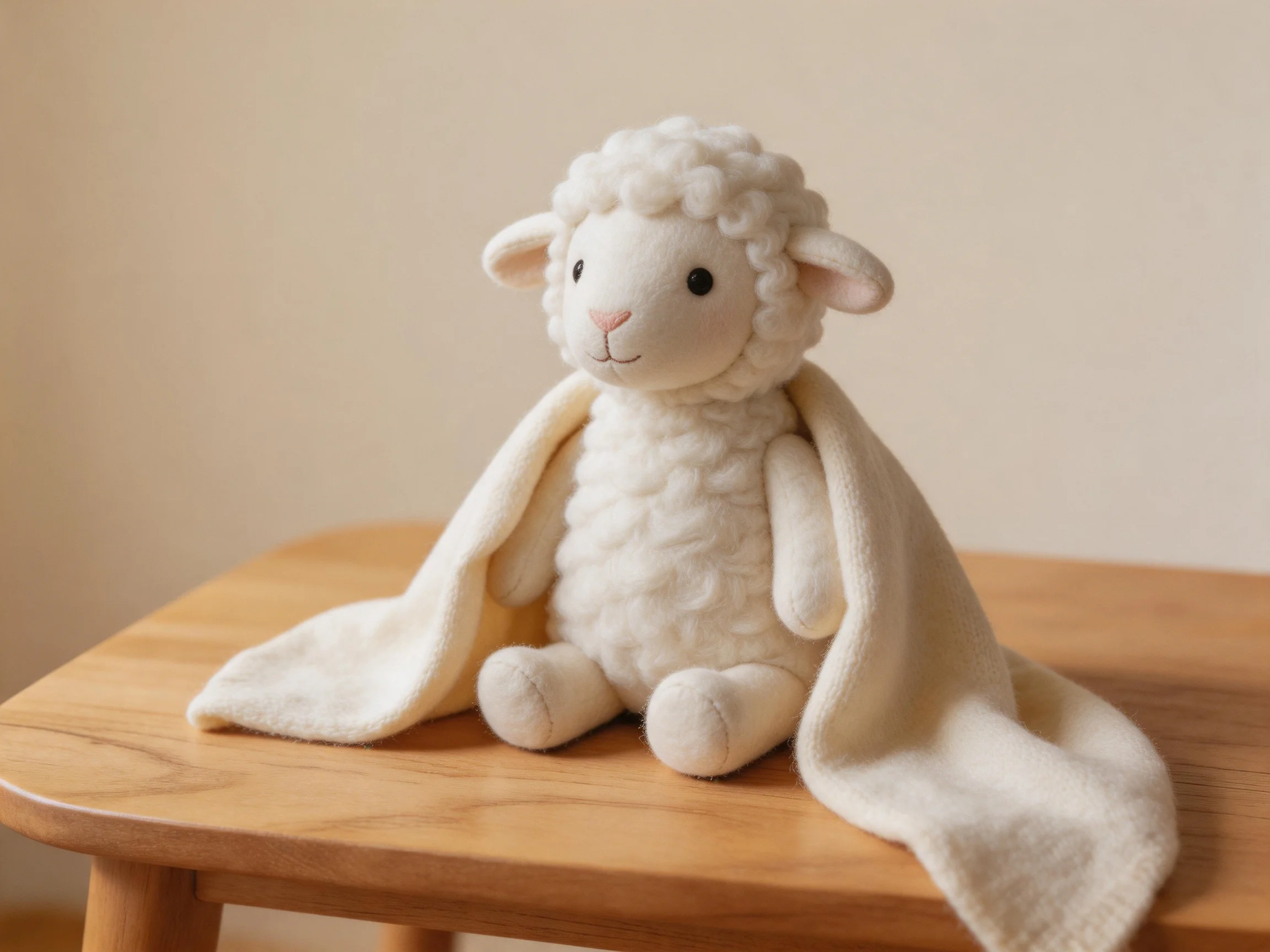 A plush white sheep doll wrapped in cream fabric on a wooden table