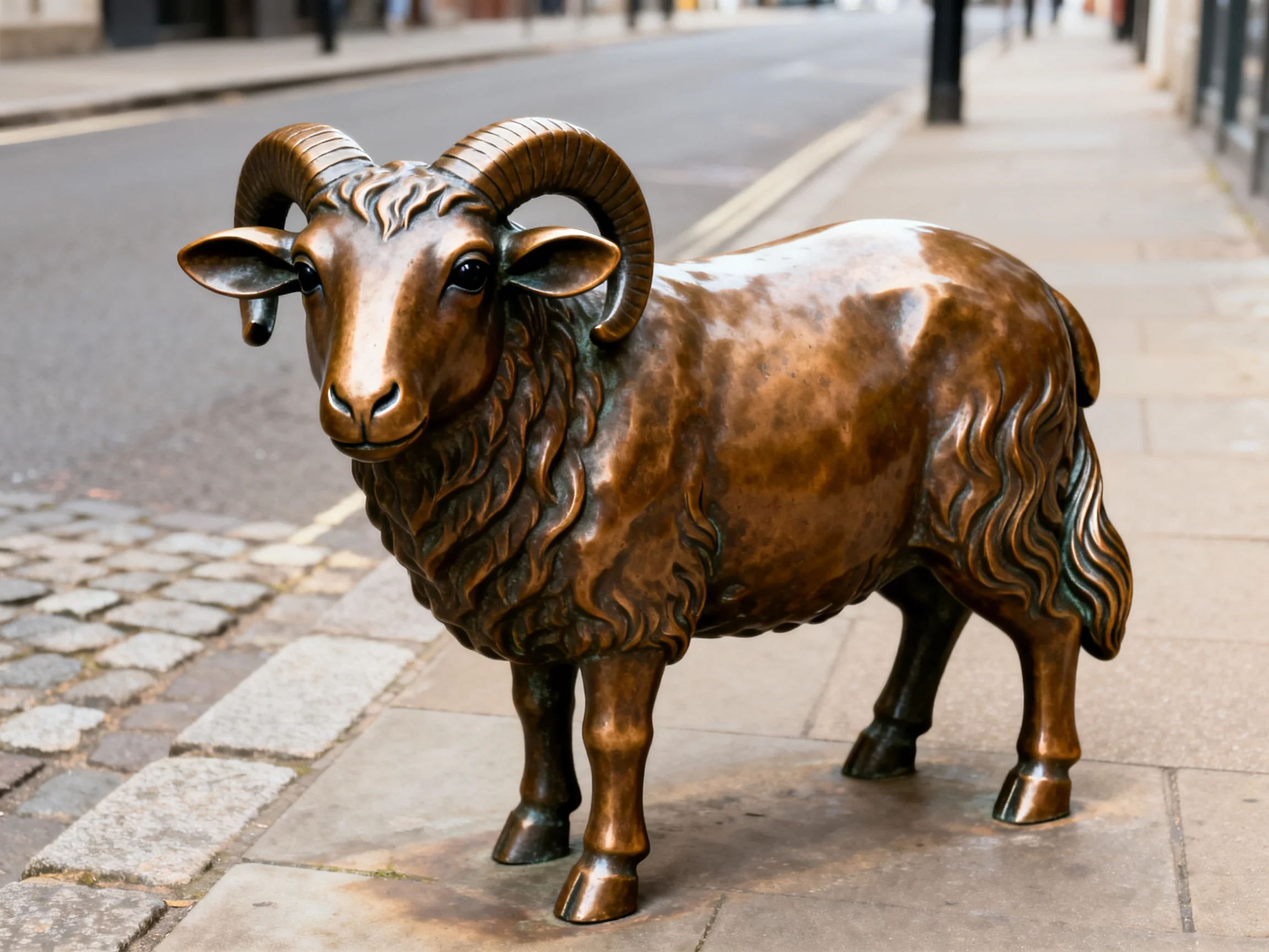A polished bronze ram sculpture with large curved horns on a stone-paved sidewalk