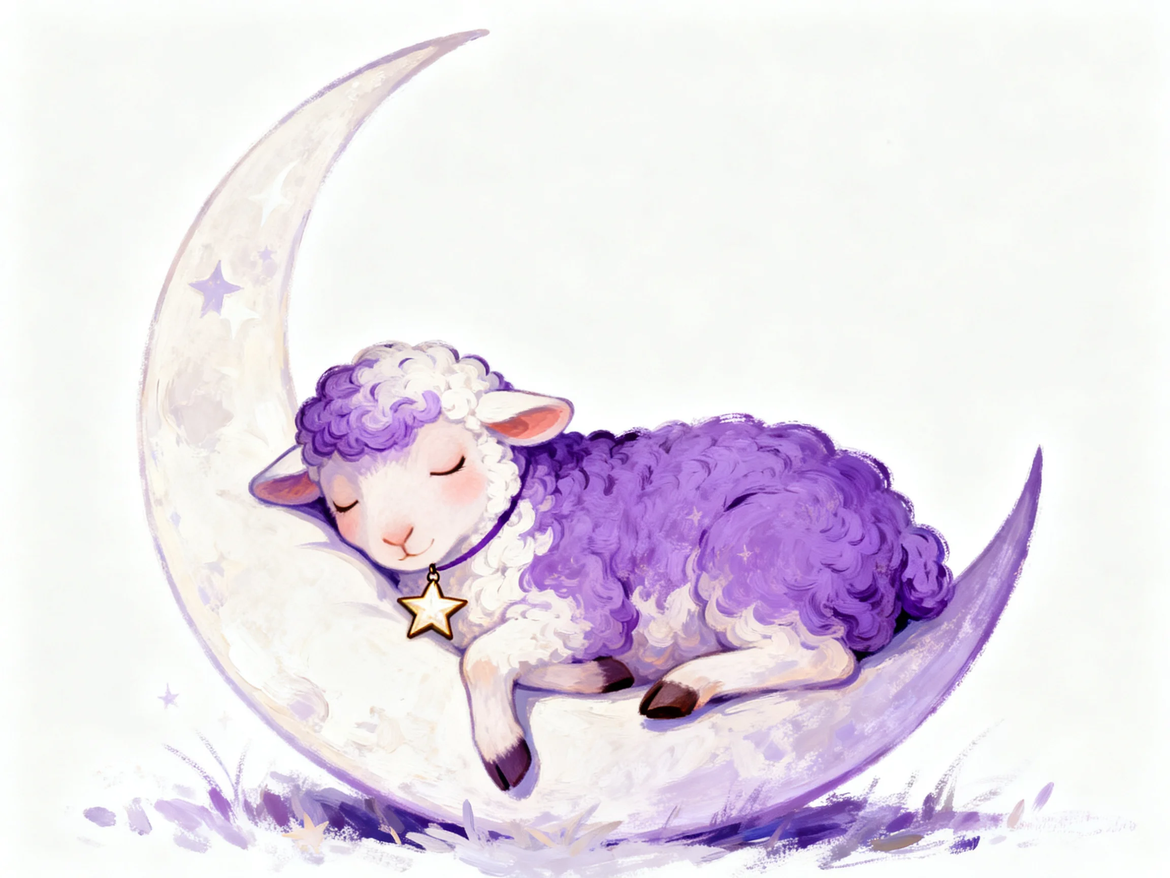 A purple and white sheep sleeps on a star-decorated crescent moon