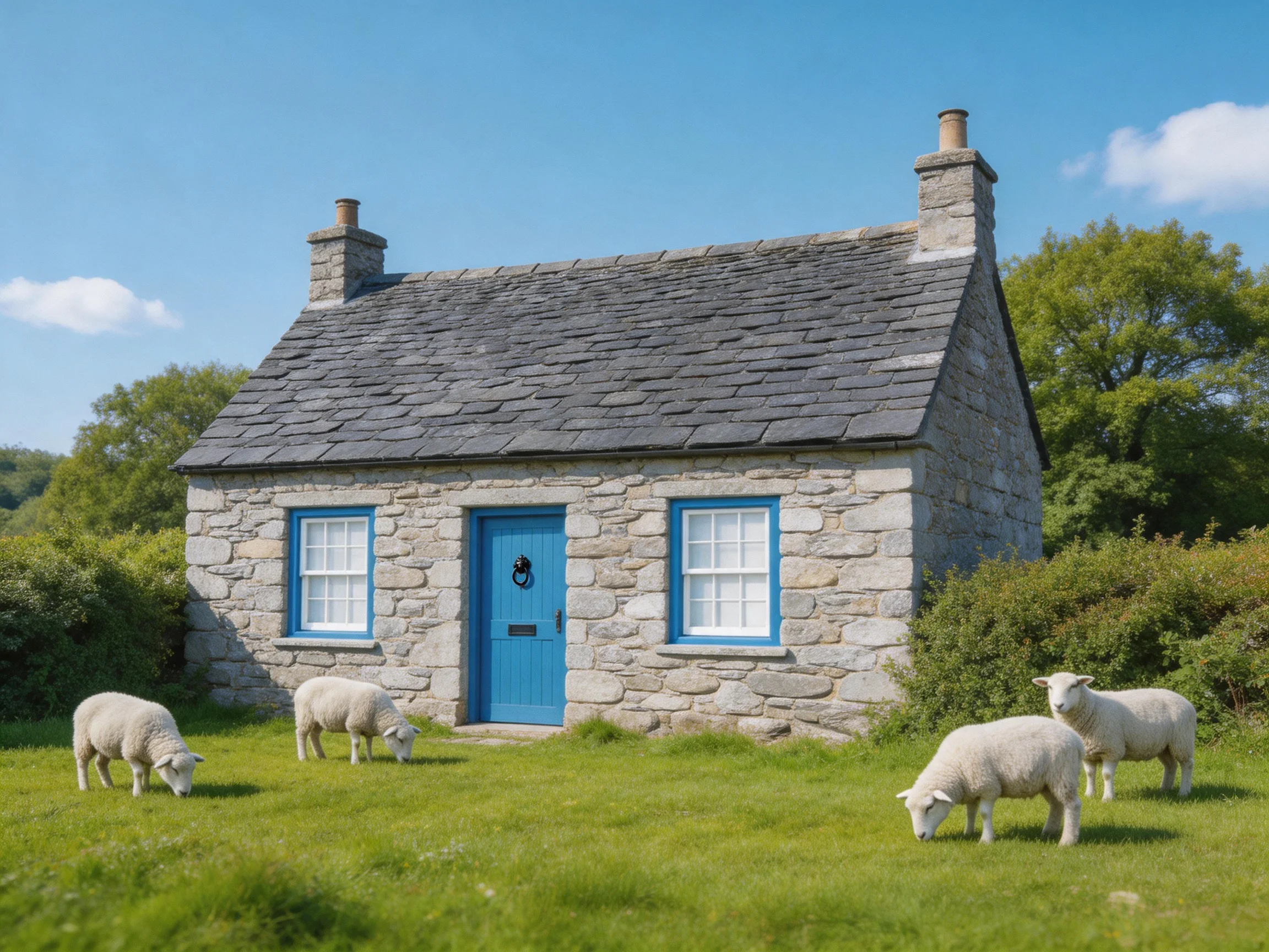 A quaint stone cottage with blue accents and grazing sheep