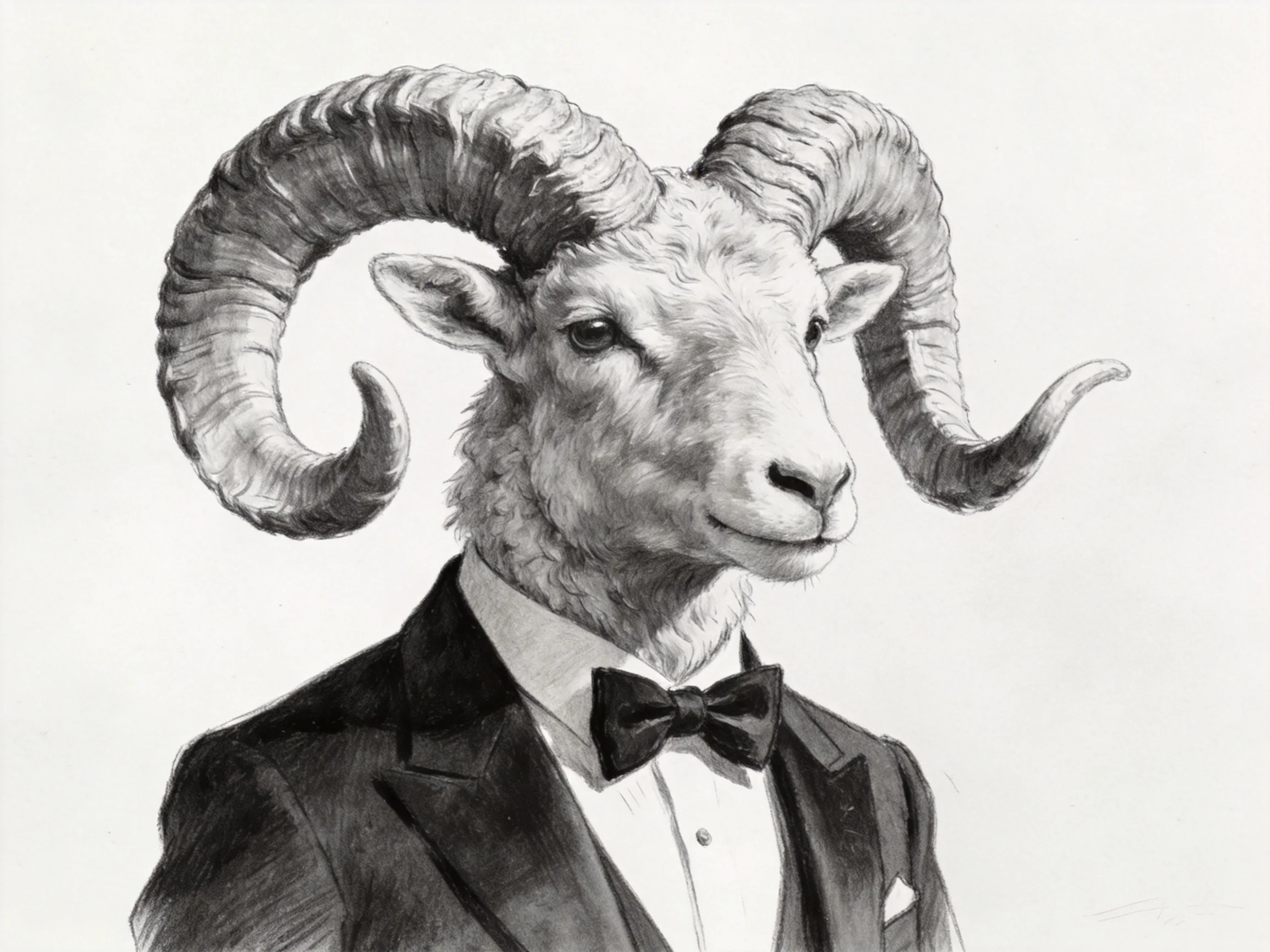A ram in a formal suit with large curved horns