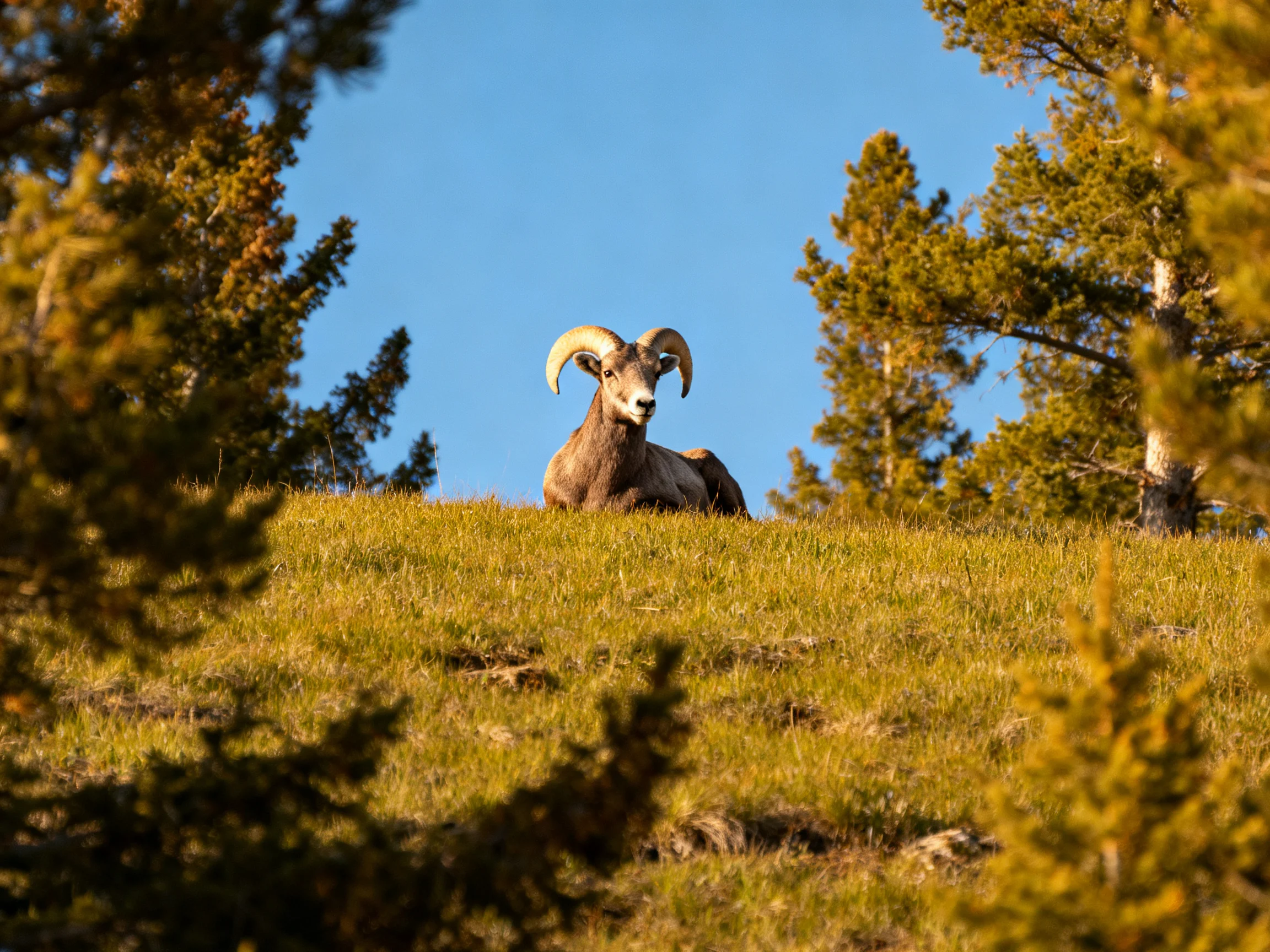 A ram rests on a golden hillside amid evergreen trees under bright blue sky
