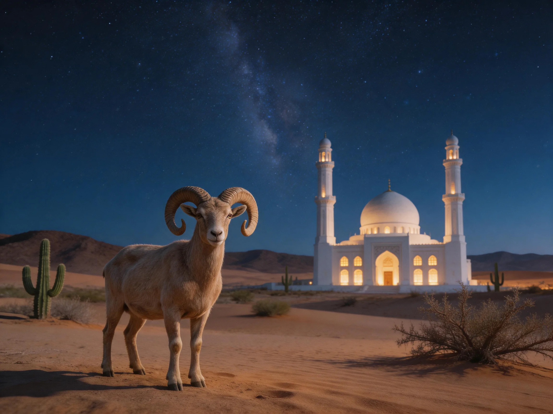 A ram stands near a lit mosque under starry desert skies