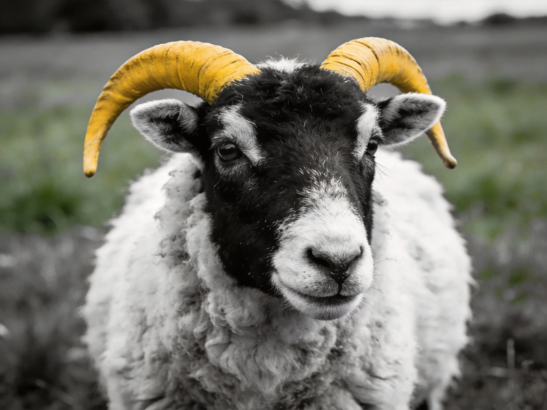 A ram with bright yellow curved horns and textured woolly coat