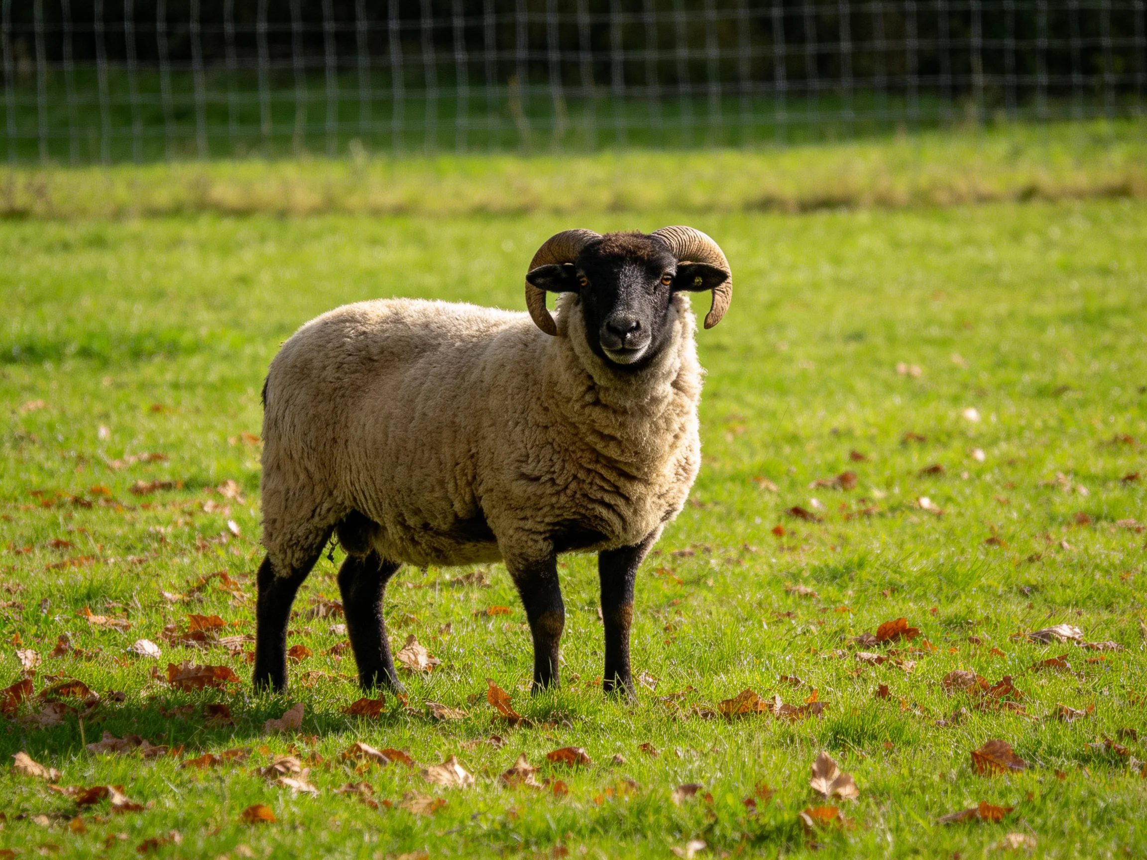 A ram with curved horns stands on lush green grass
