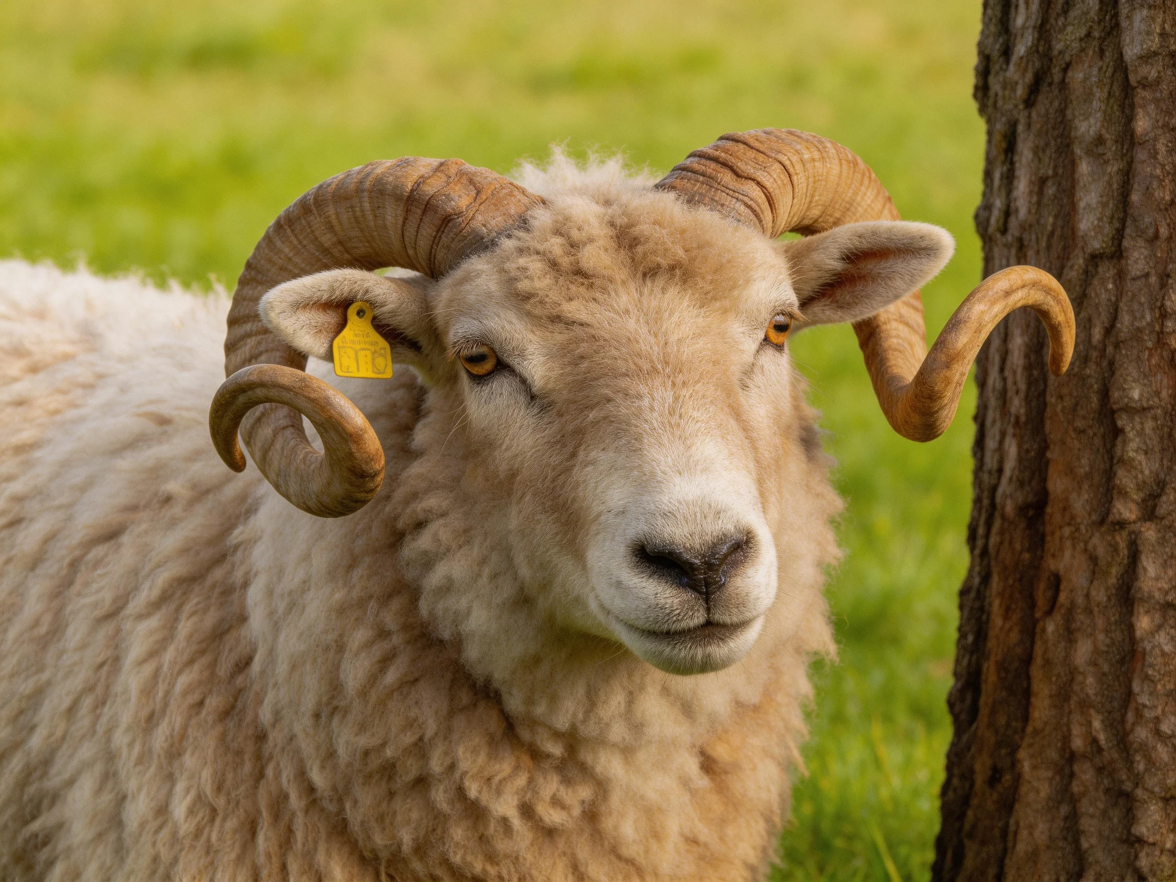 A ram with large curved brown horns near a tree in green pasture