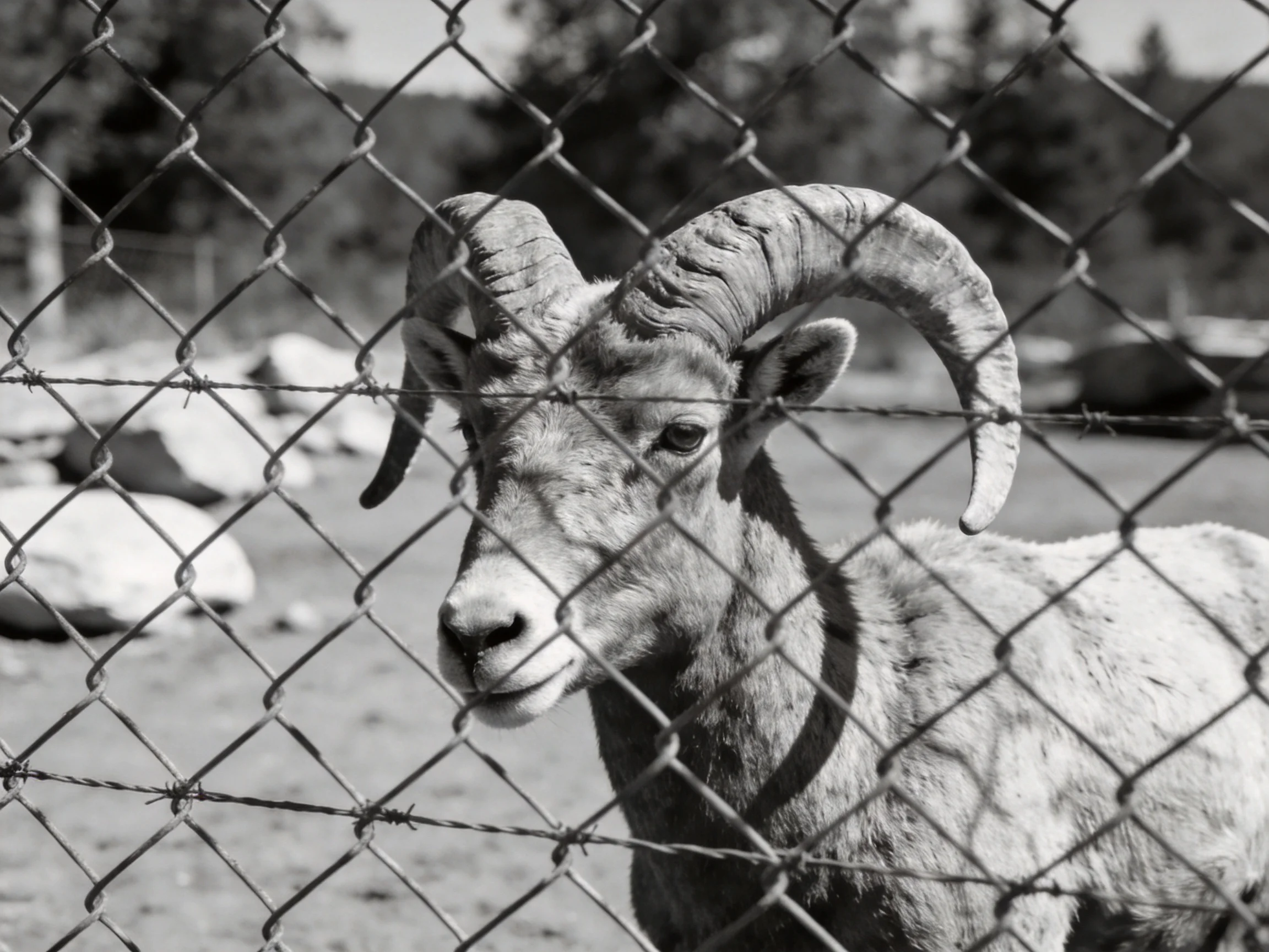 A ram with large curved horns behind a chain-link fence