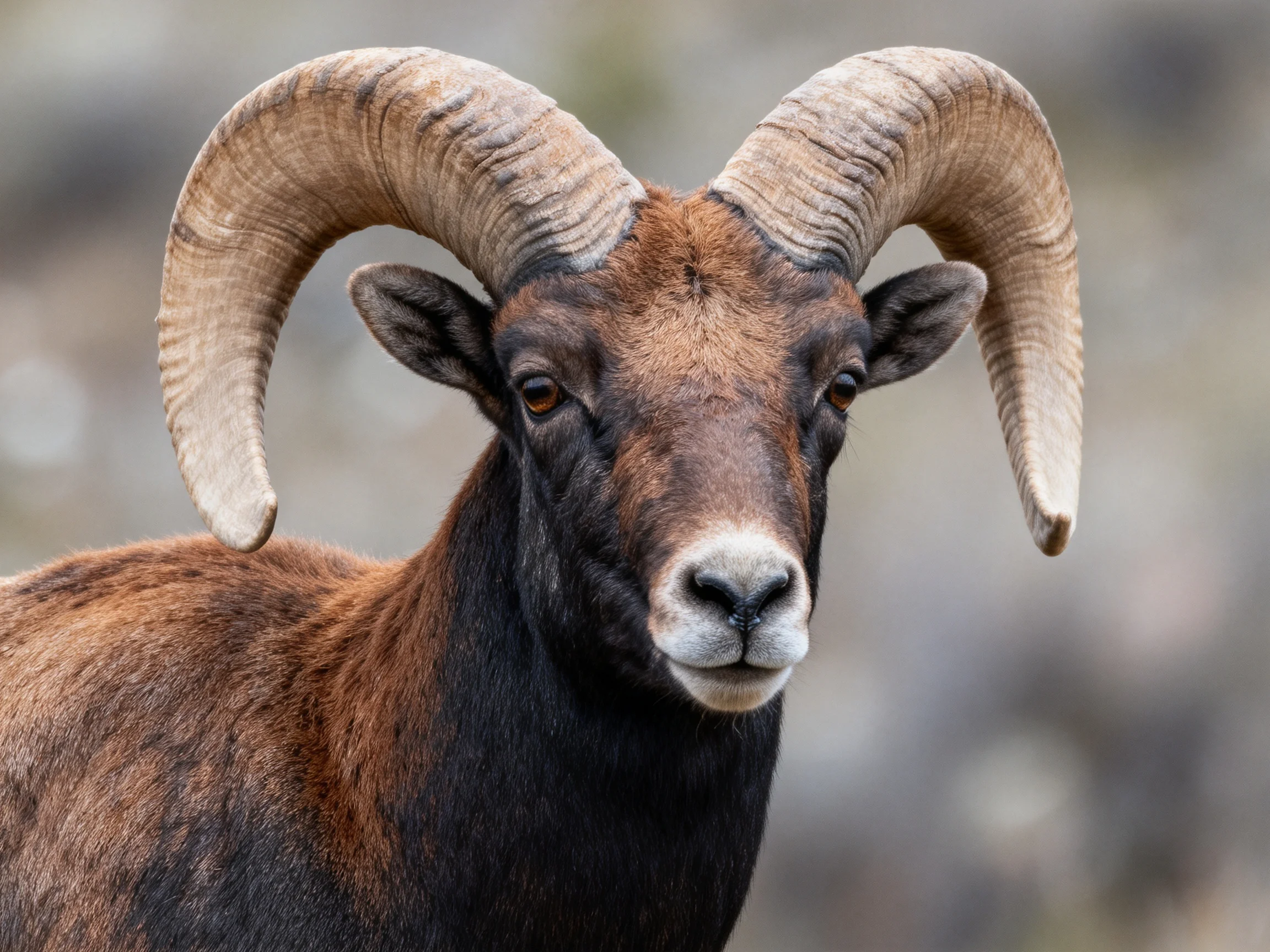A ram with large curved horns, brown and dark fur