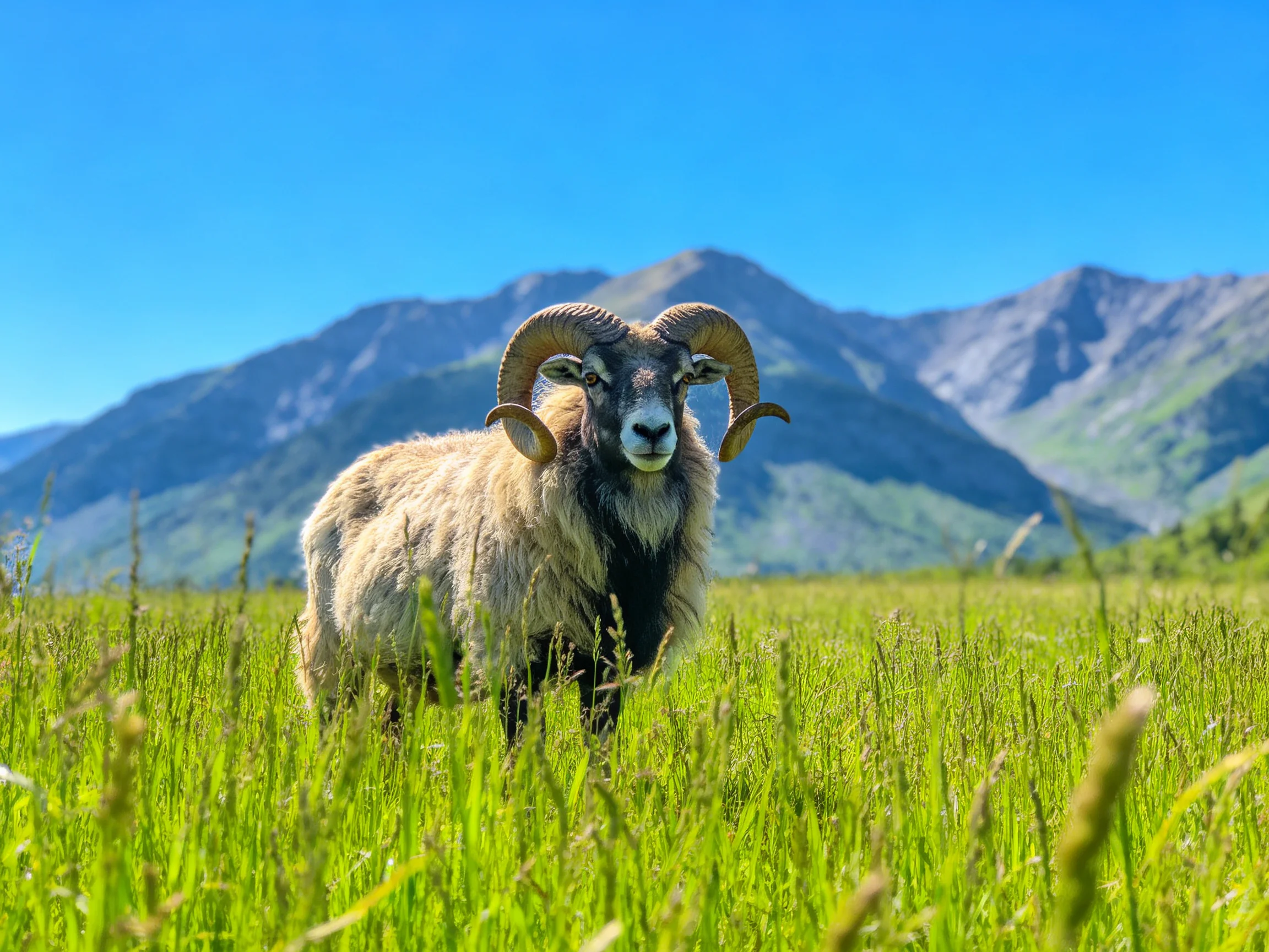 A ram with large curved horns in a lush green meadow near mountains