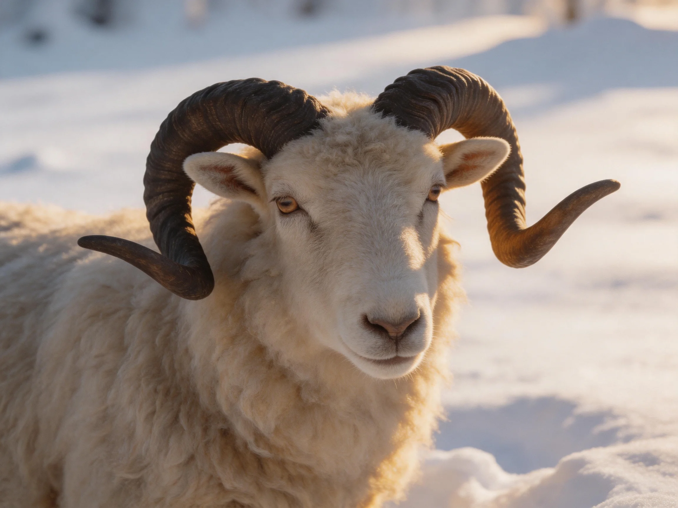 A ram with large curved horns in a snowy landscape