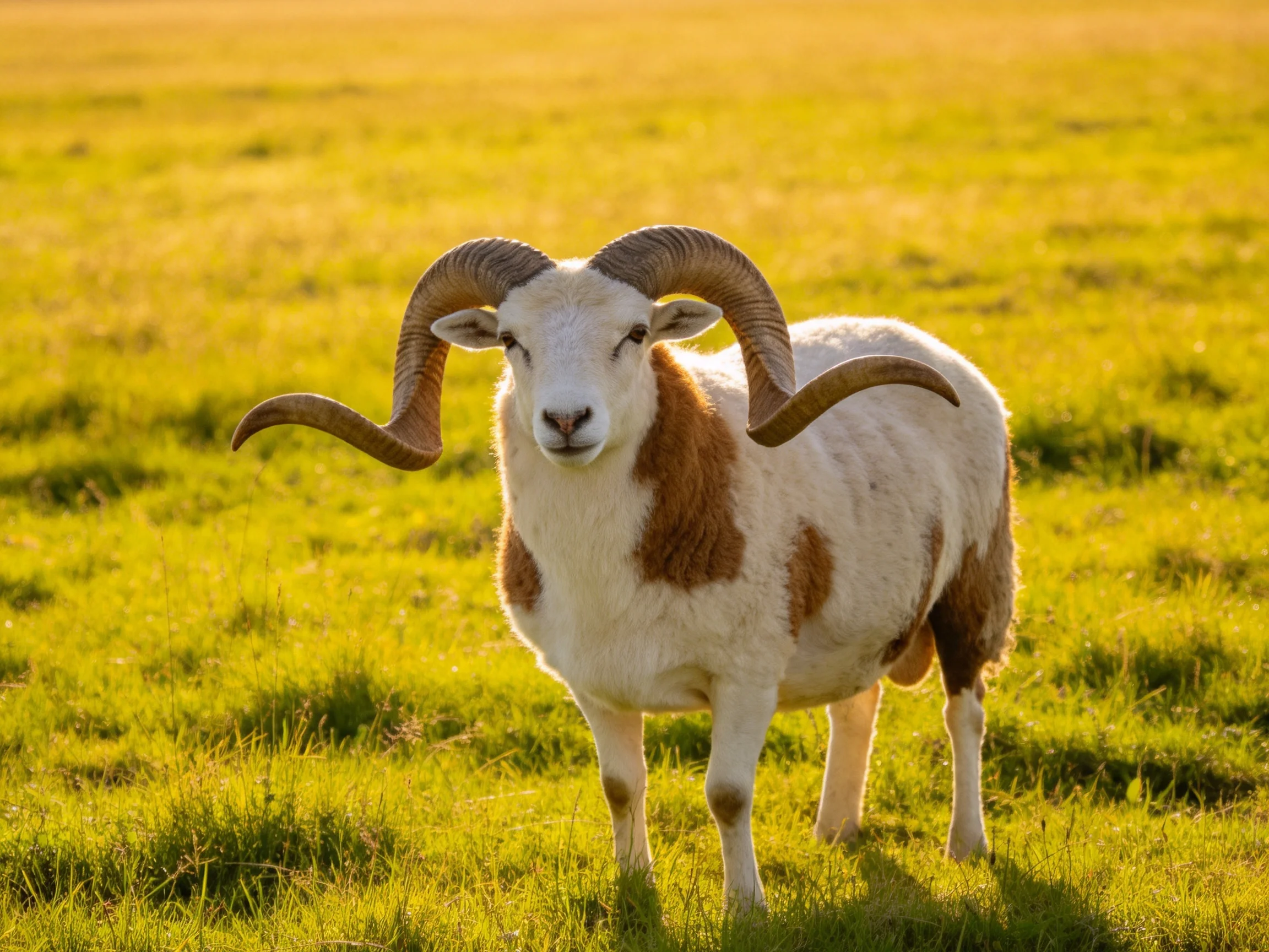 A ram with large curved horns in a sunlit green meadow