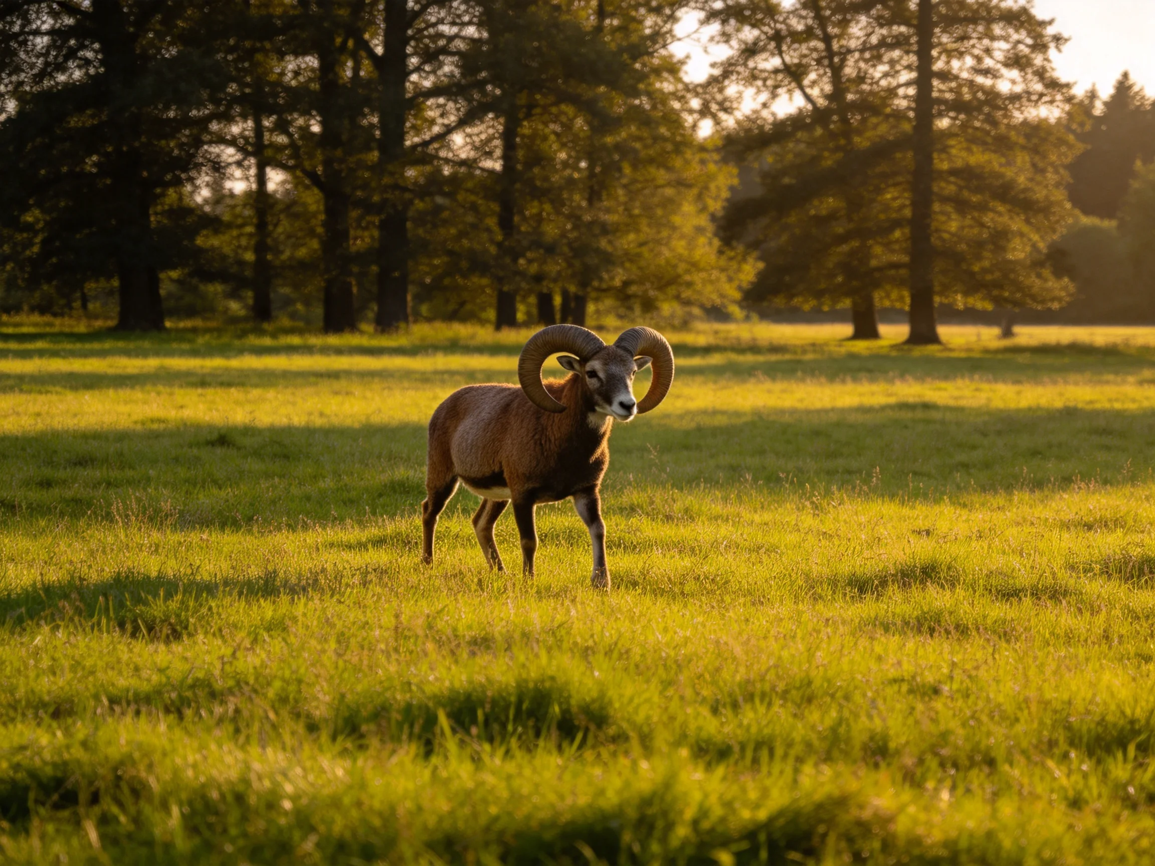 A ram with large curved horns in a sunlit green meadow