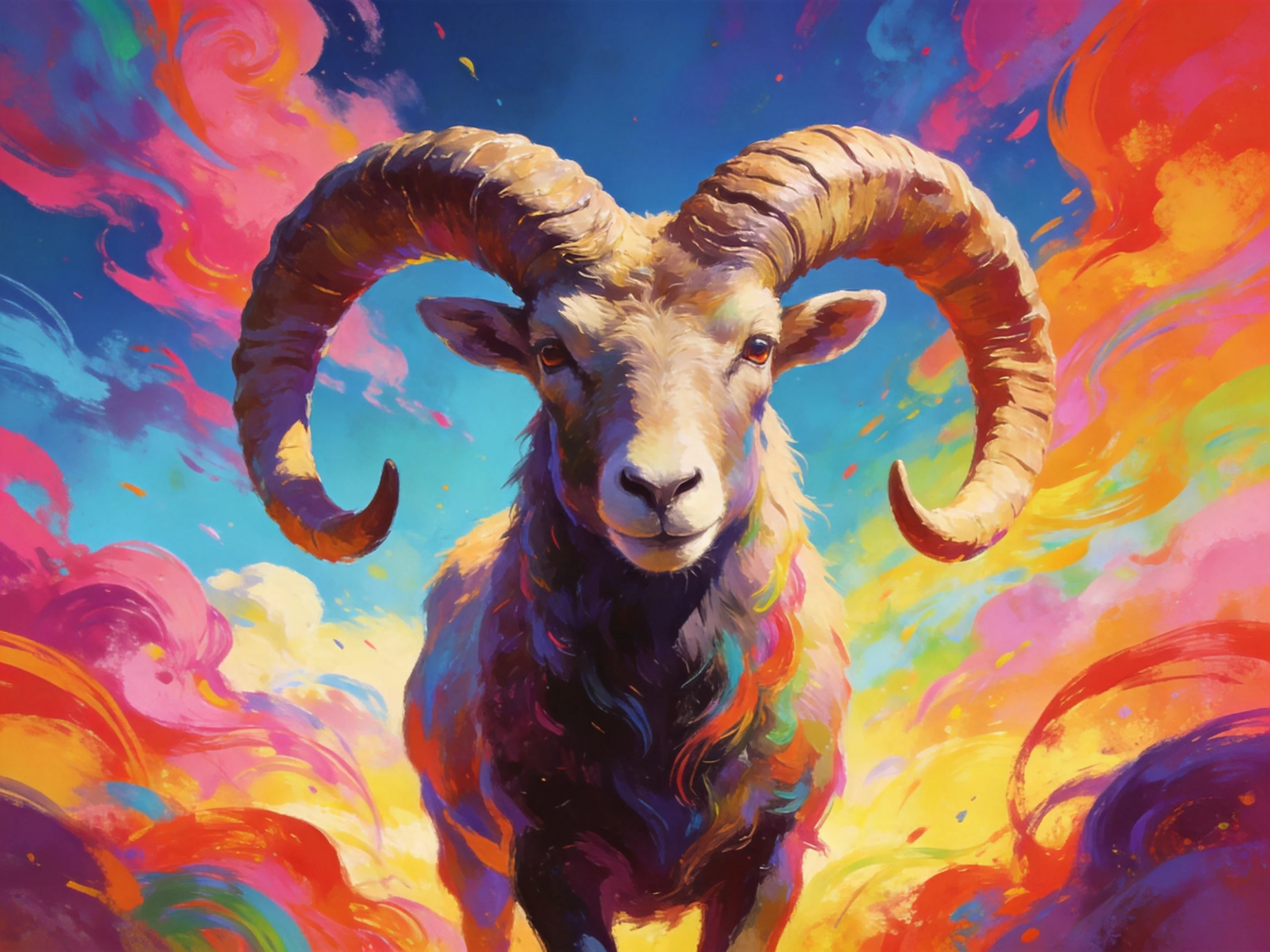 A ram with large curved horns in a vibrantly colored abstract setting