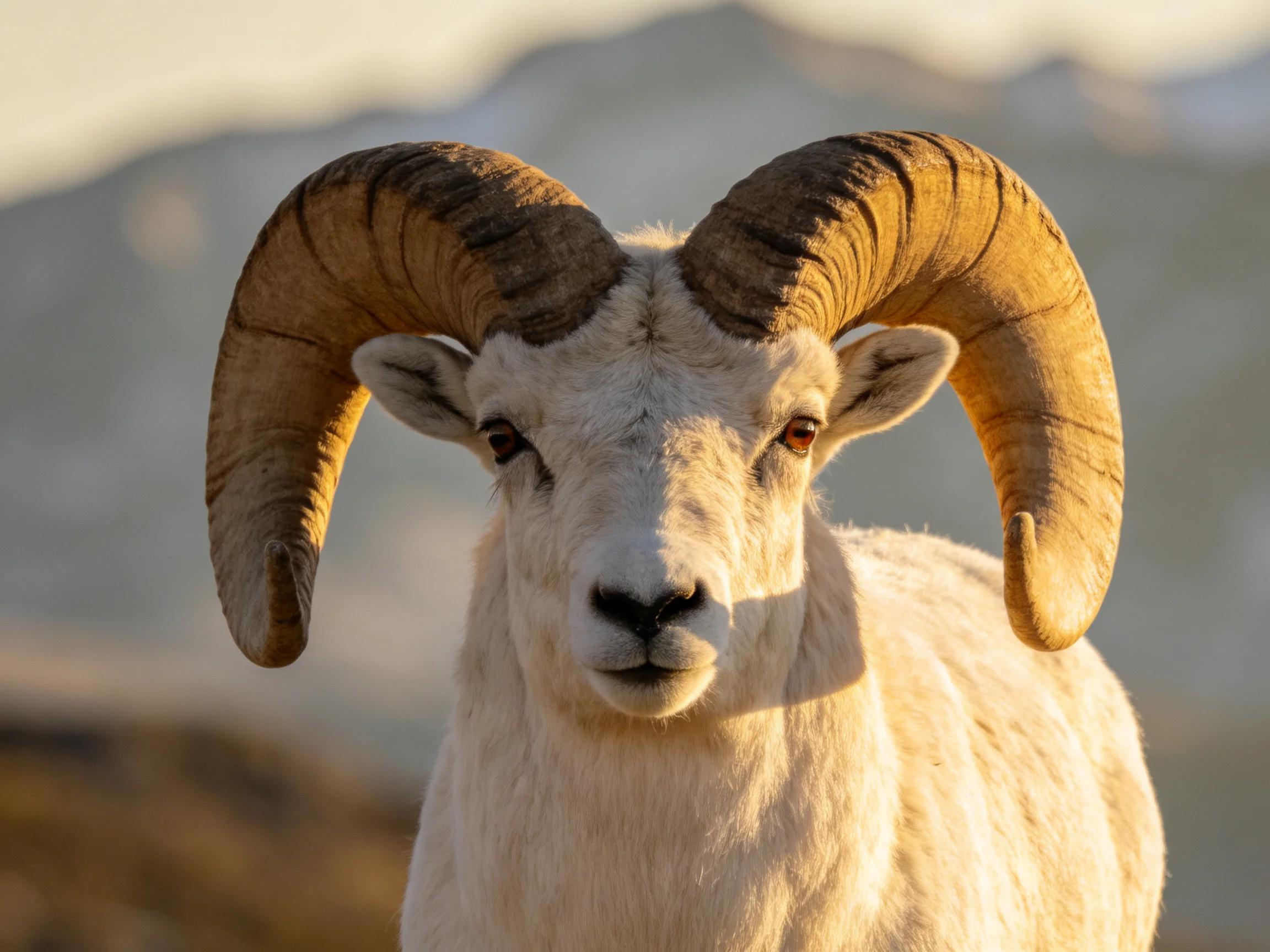 A ram with large curved horns in front of distant mountains