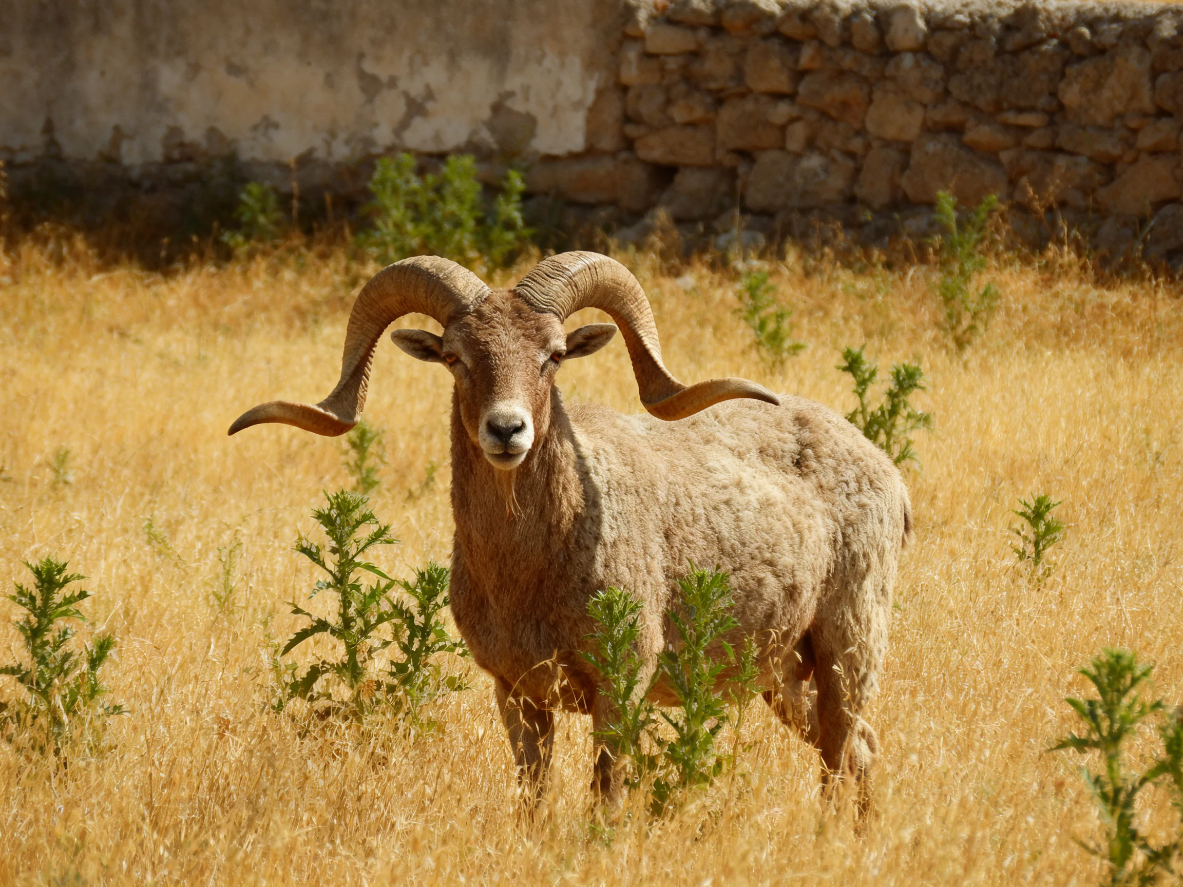 A ram with large curved horns in golden grass near a stone wall