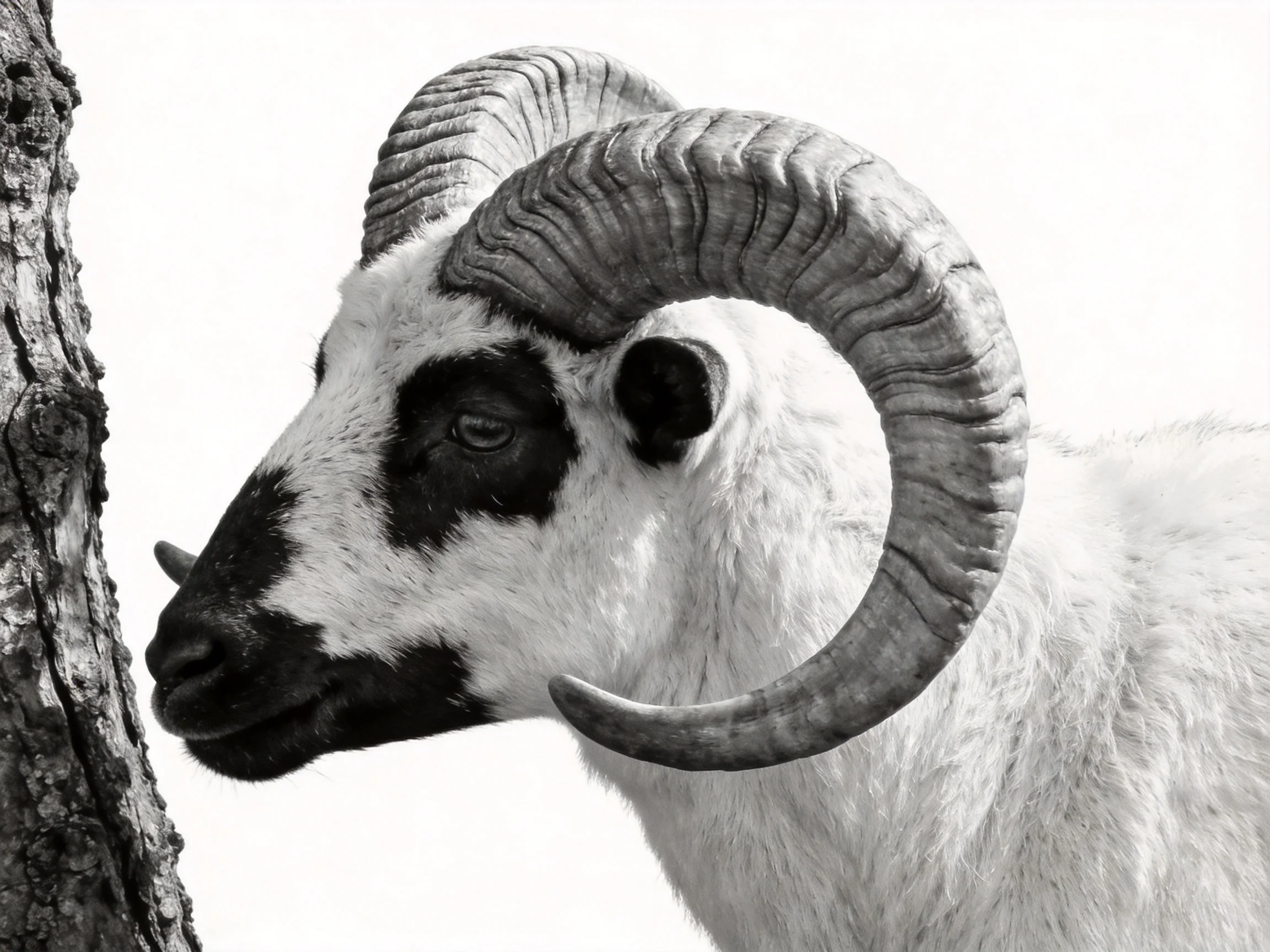 A ram with large curved horns near a gnarled tree trunk
