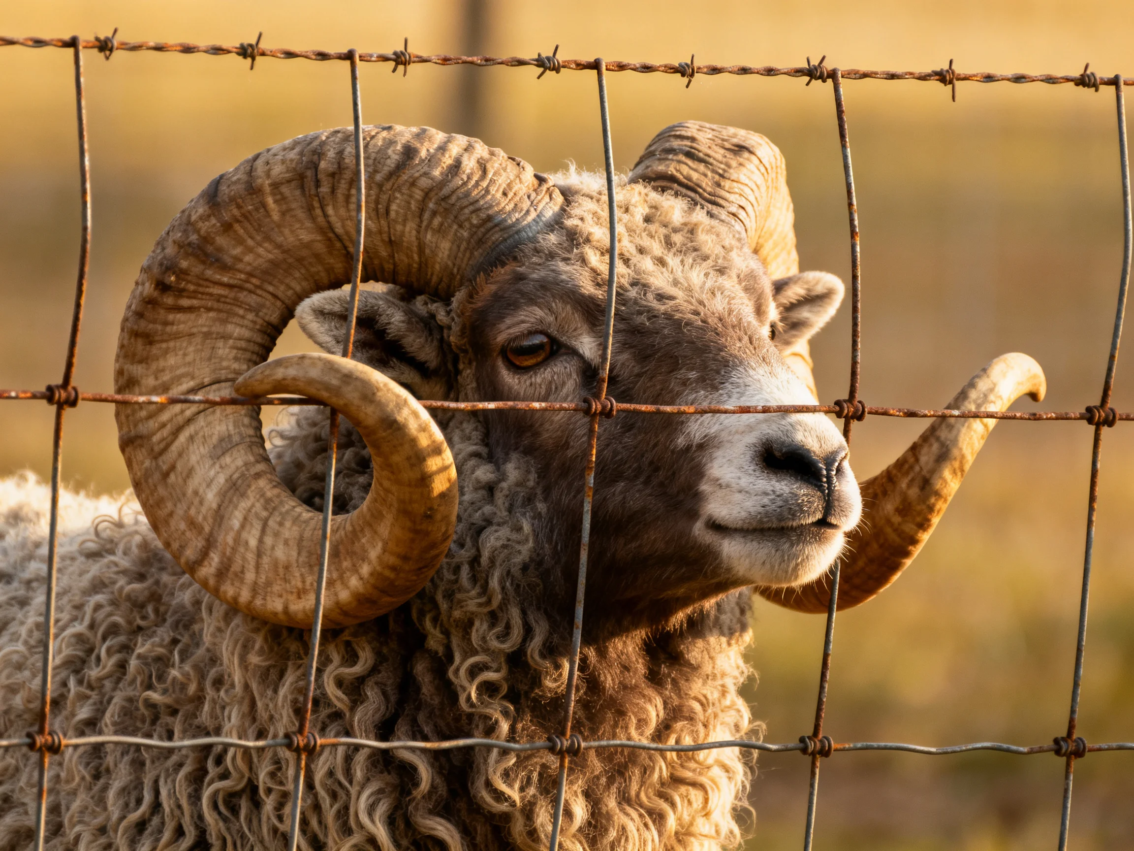 A ram with large curved horns near a rusty barbed-wire fence