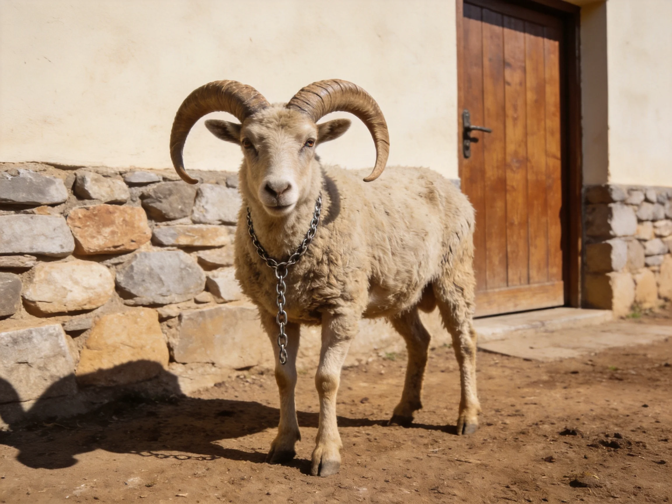 A ram with large curved horns near a stone wall and wooden door