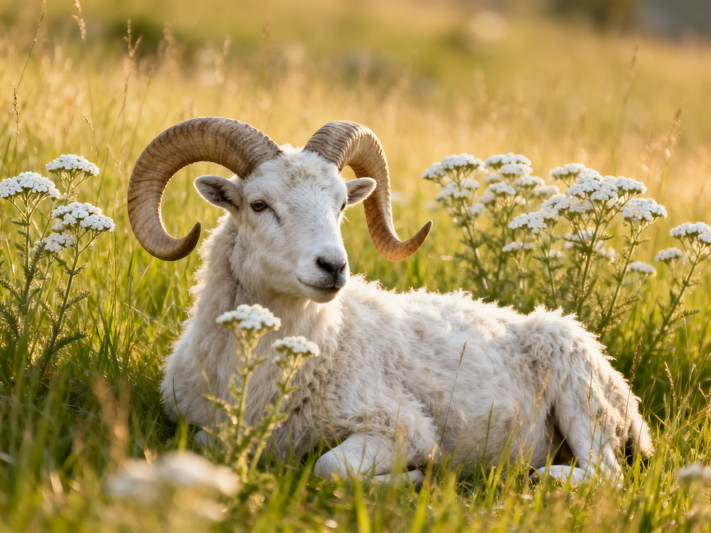A ram with large curved horns rests amid tall grass and white flowers