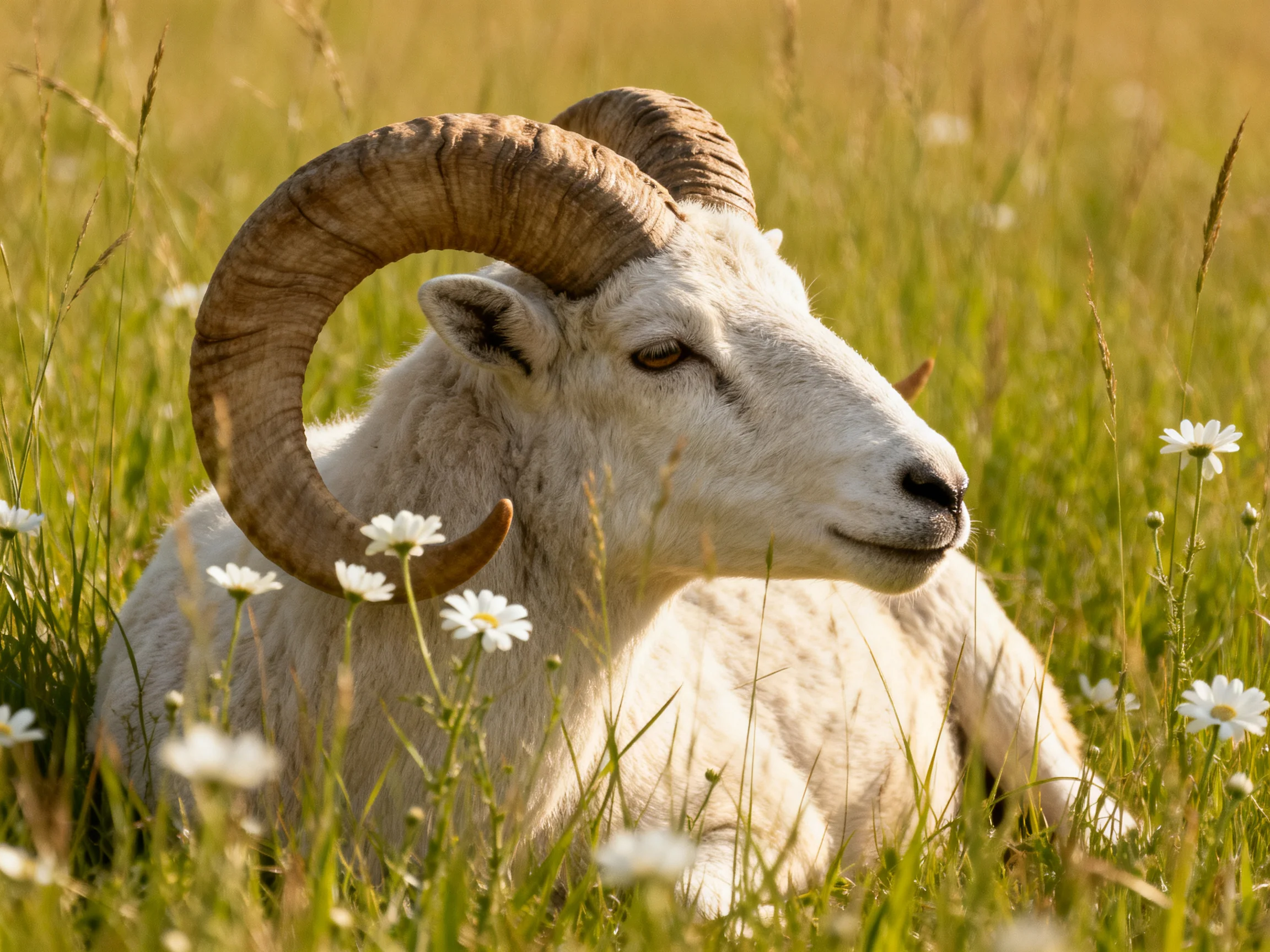 A ram with large curved horns rests in a grassy meadow with wildflowers