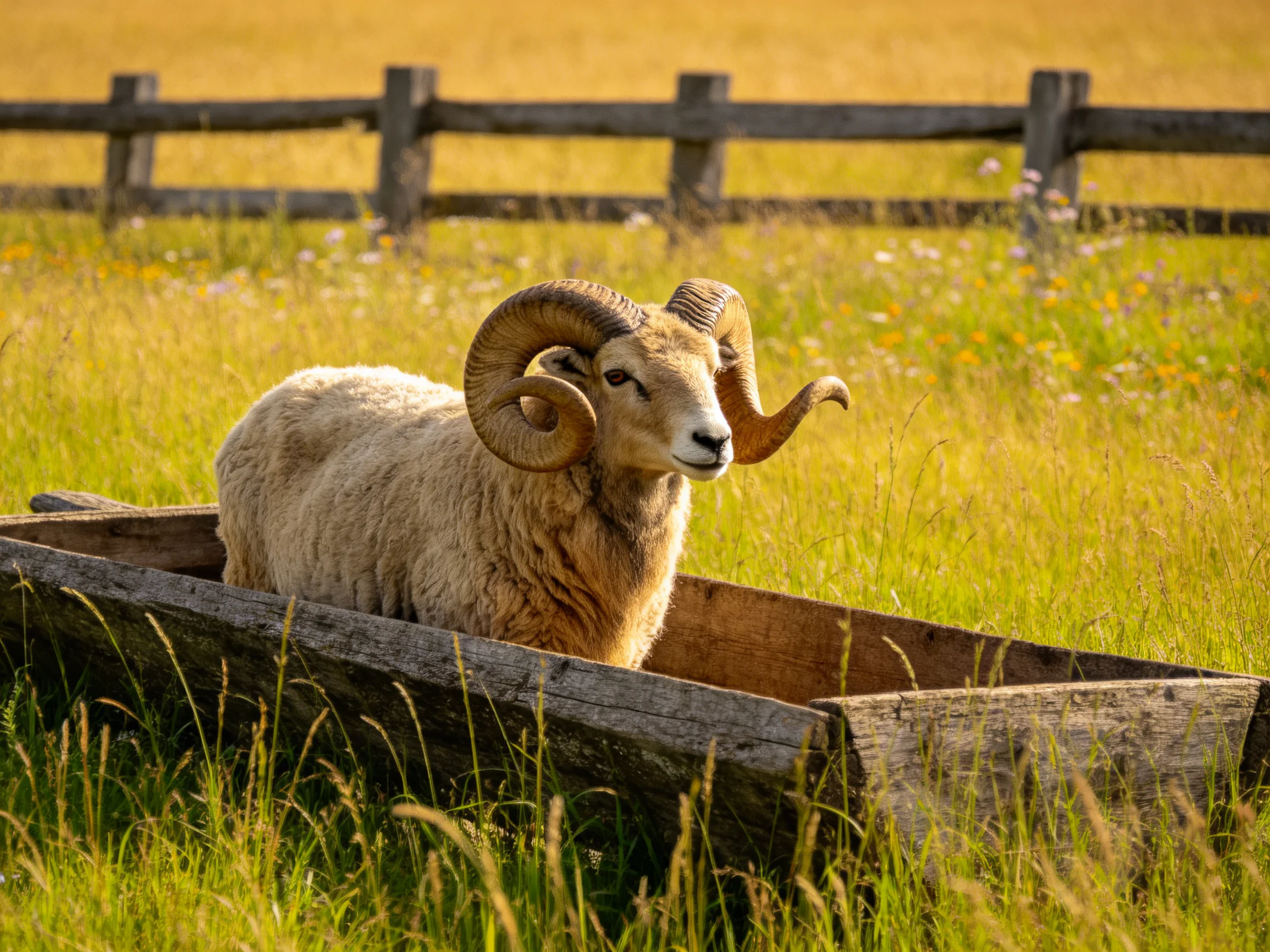 A ram with large curved horns rests in a wooden trough amid golden grass