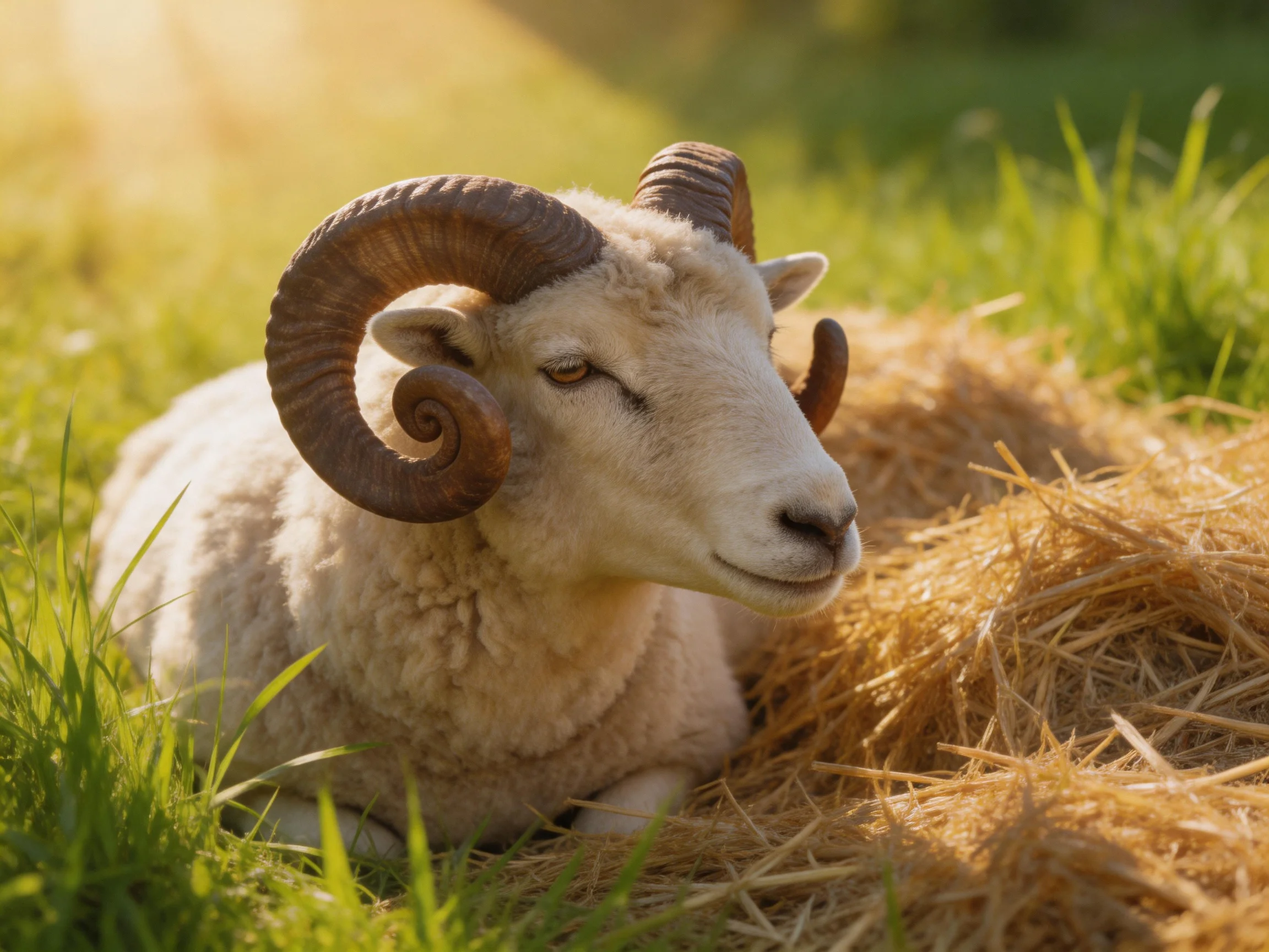 A ram with large curved horns rests on golden straw amid green grass