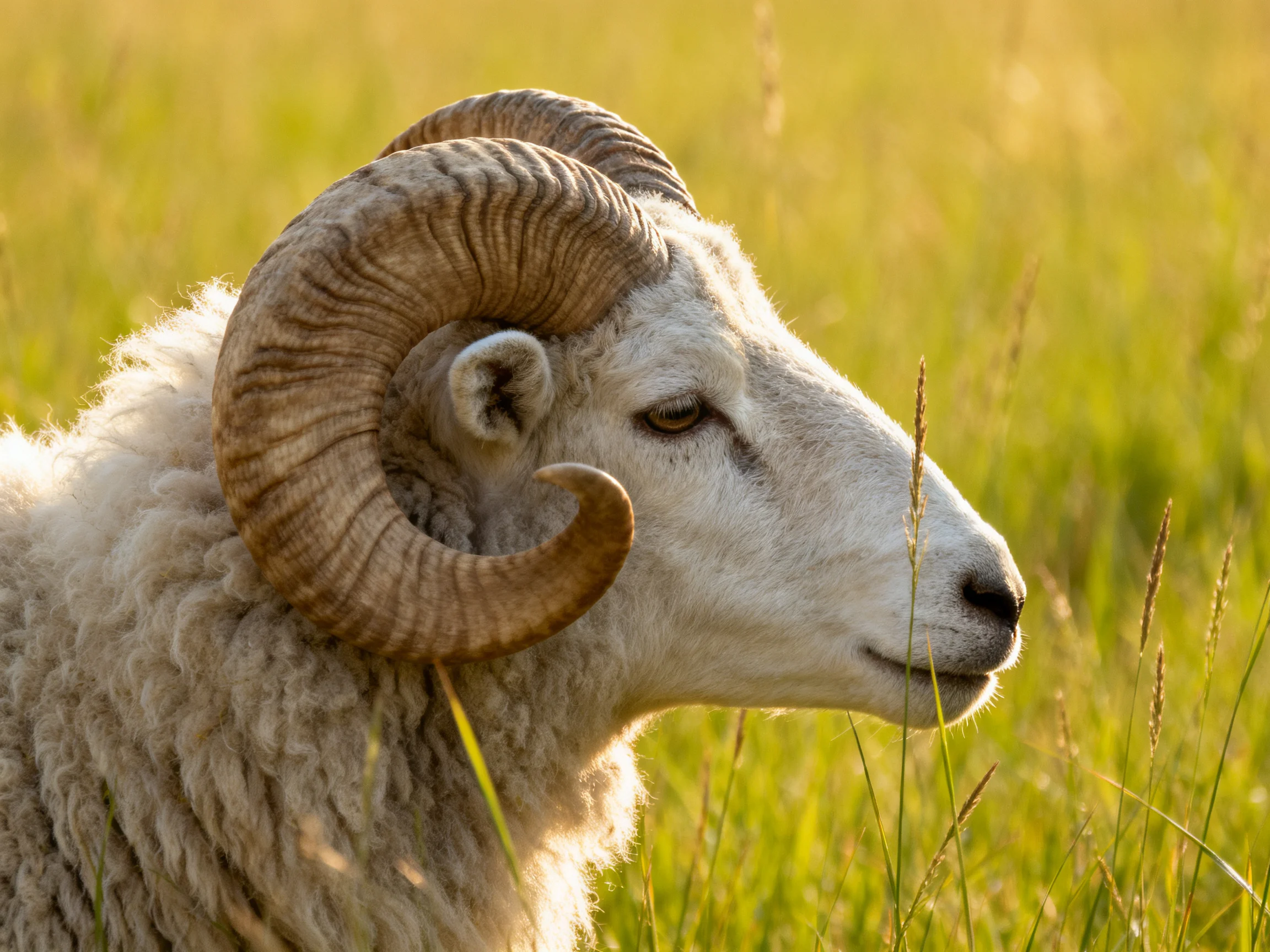 A ram with massive brown horns in a golden-green meadow