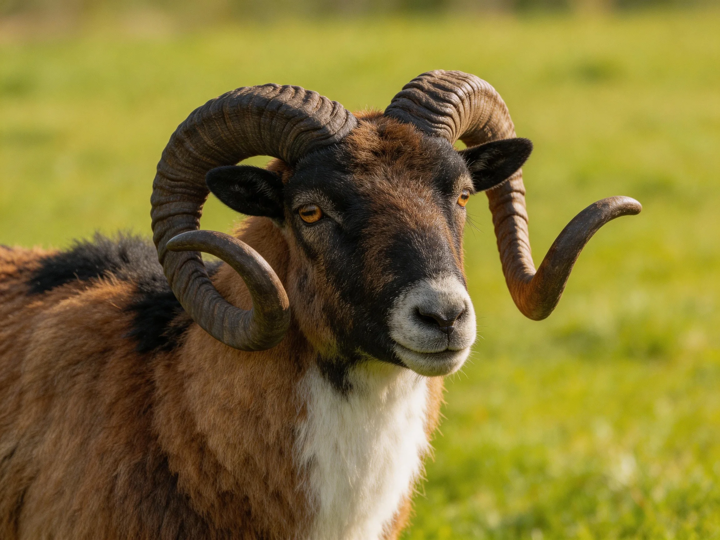 A ram with massive curled horns in earthy brownsand whites