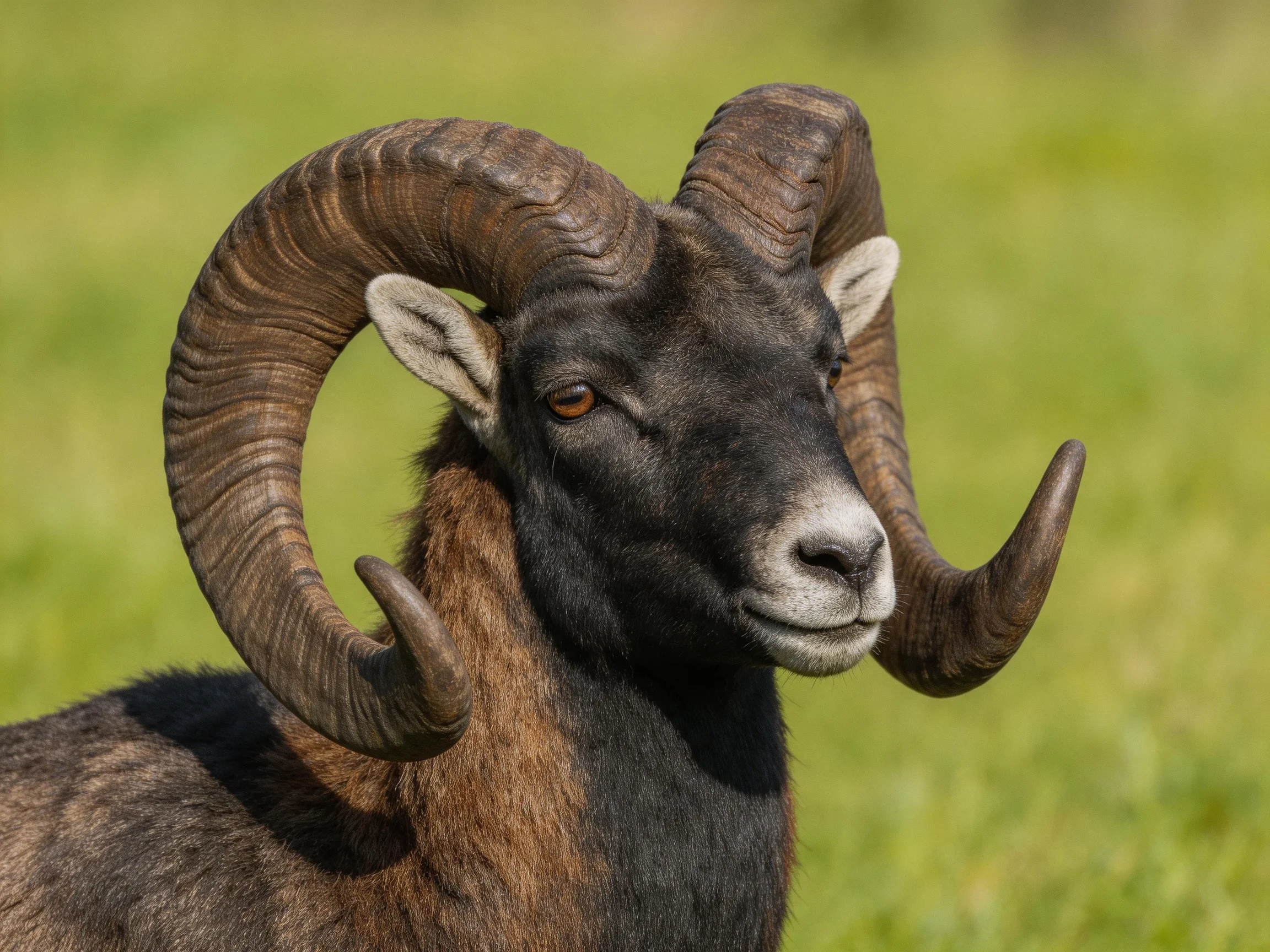 A ram with massive curved horns, dark and brown coat